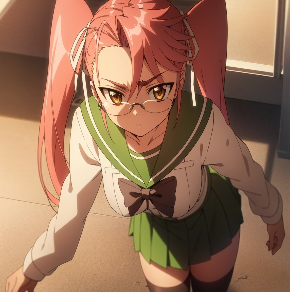 Sayaka, This is Takagi, Long Hair, ribbon, Twin tails, (Brown eyes:1.5), hair ribbon, Pink Hair, Glasses,
break skirt, Knee socks, , serafuku, zettai ryouiki, Green Skirt, bow tie, Long sleeve, black Knee socks, black bow tie,
break looking at viewer,
break indoors, classroom,
break (masterpiece:1.2), highest quality, High resolution, unity 8k wallpaper, (figure:0.8), (Beautiful fine details:1.6), Highly detailed face, Perfect lighting, Highly detailed CG, (Perfect hands, Perfect Anatomy),