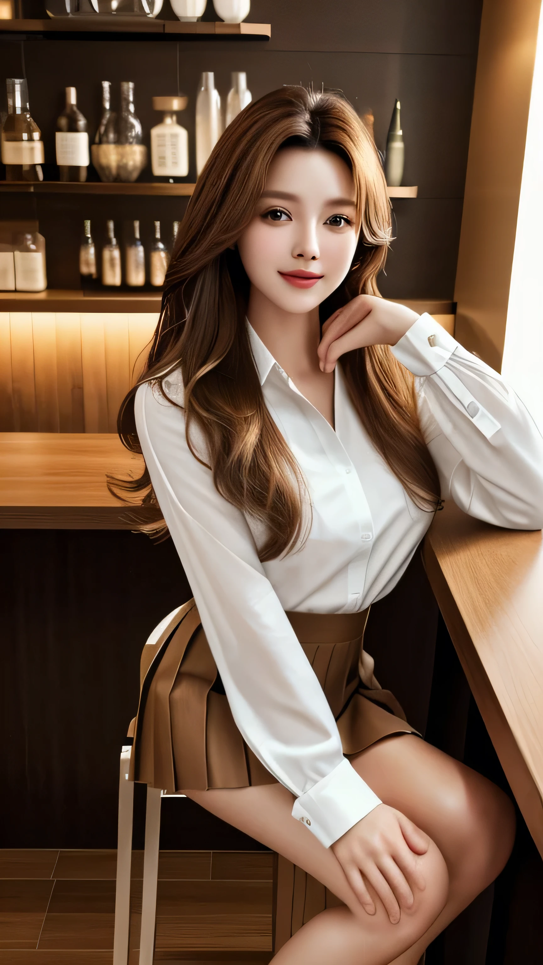 masterpiece, highest quality, Realistic, Super detailed, In detail, High resolution, 8k wallpaper, 1. Beautiful Women, Light brown hair, Sharp focus, Perfect dynamic composition, Beautiful fine details, Fine hair, Detailed and realistic skin texture, smile, Portraiture, Model Body Type,white long sleeve button up blouse_brown pleated mini skirt、full body portrait、From an oblique angle above、Long straight hair_Hair reaching down to the waist、Place your left hand gently on your chin、Sits on a bar chair by the counter in a seductive pose in a stylish bar at night