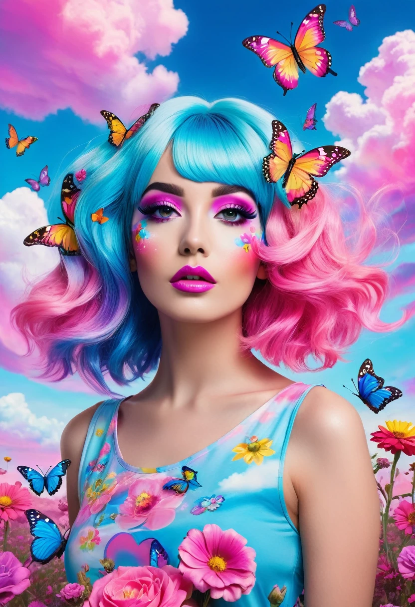 A woman with colorful hair and makeup posing for a photo in a fantasy world inspired by Lisa Frank. The sky is a vibrant pink and the clouds are an electric blue, while the ground is covered in pastel colored flowers and butterflies. El retrato es una mezcla de pop surrealism y arte pop, con detalles detallados y una mirada deslumbrante