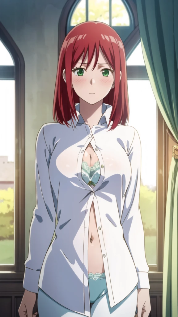 masterpiece, highest quality,8k, sketch, One girl, alone, View Viewer, Upper Body, Depth of written boundary, Clear lines, Realistic, , Redhead, Detailed green eyes,((full open white shirt)) ,white lace bra,,Slender body,blush,Shortcuts,,belly button,Castle