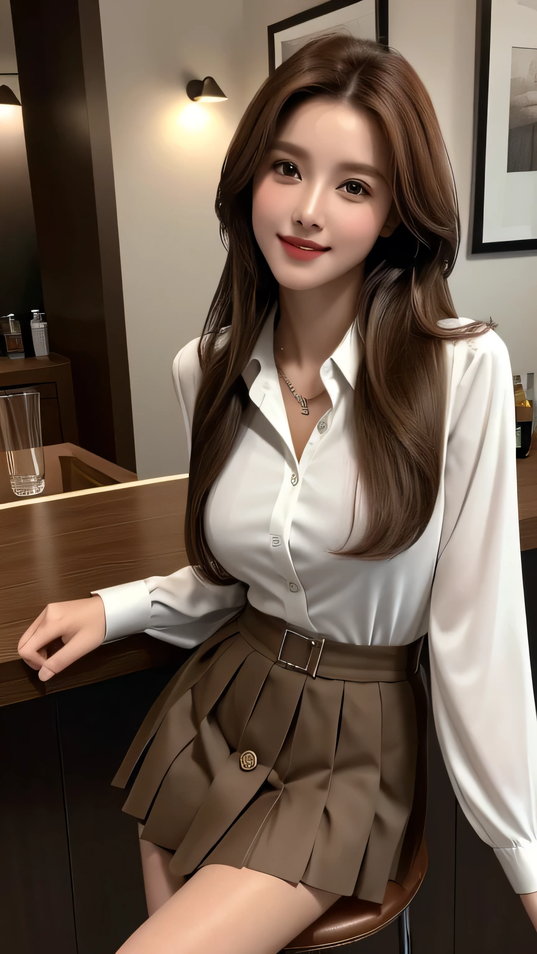 masterpiece, highest quality, Realistic, Super detailed, In detail, High resolution, 8k wallpaper, 1. Beautiful Women, Light brown hair, Sharp focus, Perfect dynamic composition, Beautiful fine details, Fine hair, Detailed and realistic skin texture, smile, Portraiture, Model Body Type,white long sleeve button up blouse_brown pleated mini skirt_brown tie、full body portrait、From an oblique angle above、Long straight hair_Hair reaching down to the waist、Place your left hand gently on your chin、Sits on a bar chair by the counter in a seductive pose in a stylish bar at night