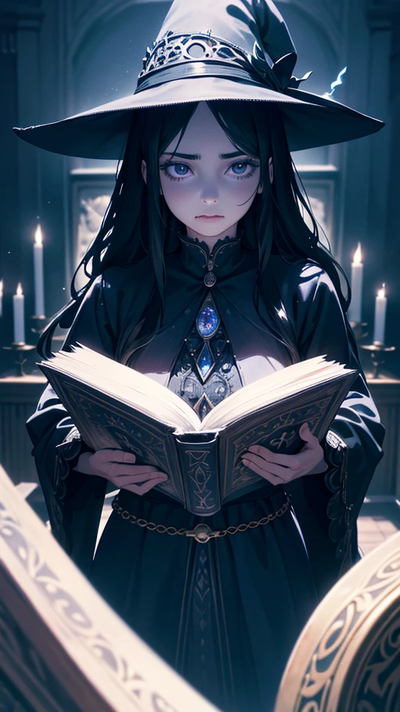 A mystical girl with long black hair, deep black eyes, wearing a navy blue witch's hat and dress, holding a book with a black magic circle, in a dimly lit European-style interior, with blue candle flames, (best quality,4k,8k,highres,masterpiece:1.2),ultra-detailed,(realistic,photorealistic,photo-realistic:1.37),dramatic lighting,intricate details,dark academia,fantasy,occult,moody,cinematic