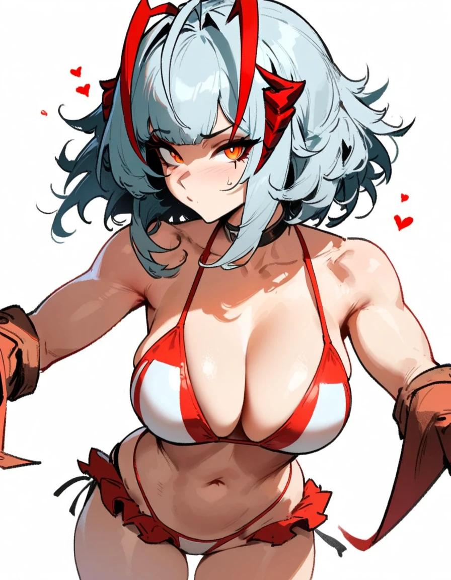 1girl, W \(arknights\), arknights \\\\\ masterpiece, best quality, very aesthetic, absurdres, newest \\\\\\ slim body,///// ,by nyantcha,cutesexyrobutts , by khyle,,////// ,,solo,, , ,,detailed face, , ,, , , , , beautiful face, (white background:1.2), , sexy, , orange eyes, , , rating:nsfw,(bikini:1.2), polca-dot bikini,big tits,),  in the center of the frame, to tight swimsuit,short hair, highleg bikini, side-tie bikini bottom , polca-dot, rough sketch, heart shaped hands