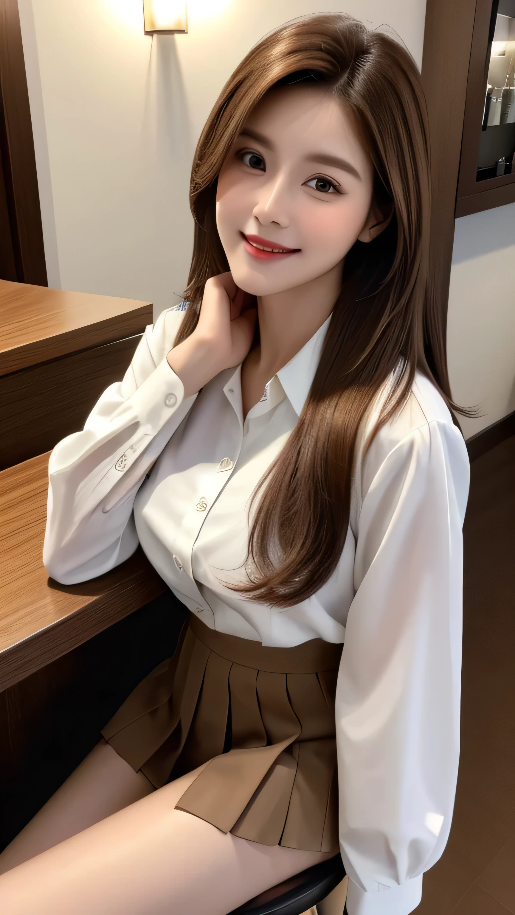 masterpiece, highest quality, Realistic, Super detailed, In detail, High resolution, 8k wallpaper, 1. Beautiful Women, Light brown hair, Sharp focus, Perfect dynamic composition, Beautiful fine details, Fine hair, Detailed and realistic skin texture, smile, Portraiture, Model Body Type,white long sleeve button up blouse_brown pleated mini skirt_brown tie、full body portrait、From an oblique angle above、Long straight hair_Hair reaching down to the waist、Place your left hand gently on your chin、Sits on a bar chair by the counter in a seductive pose in a stylish bar at night