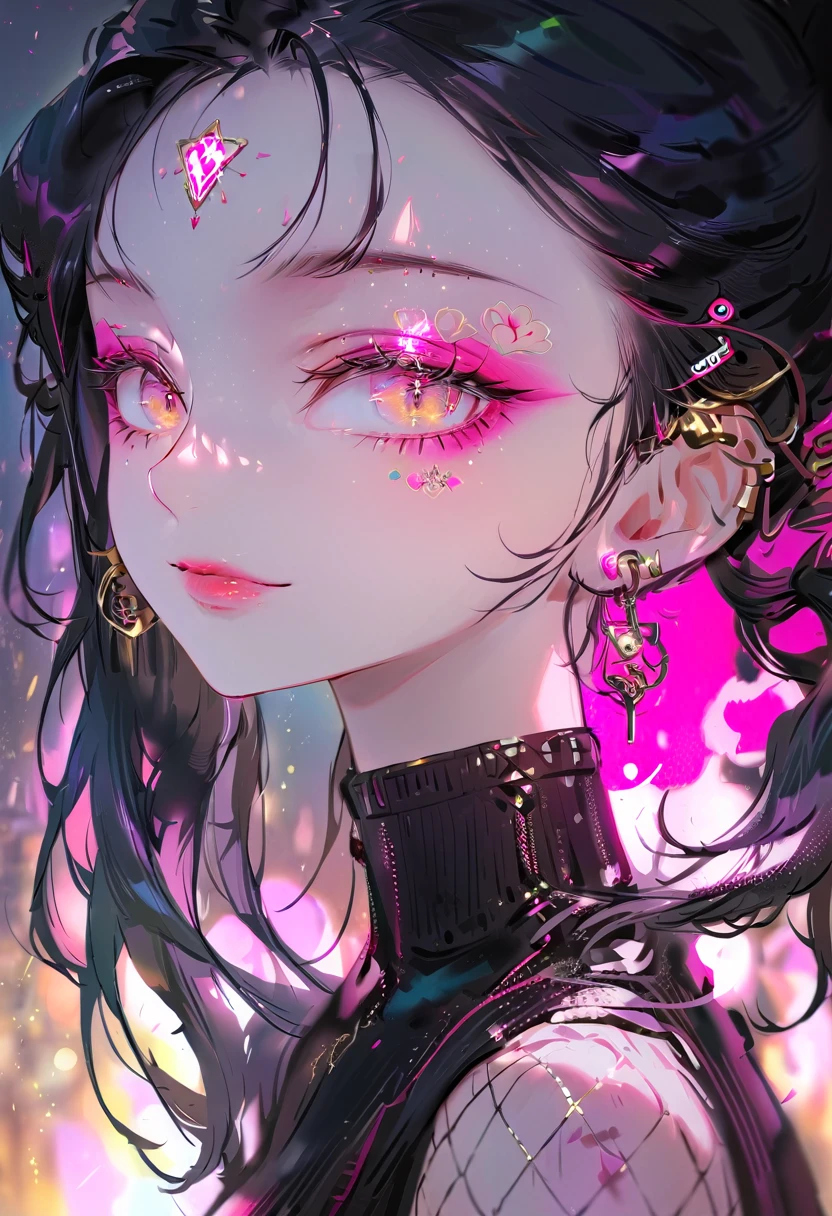 (highest quality,Super detailed,High resolution:1.2),Beautiful girl with a perfect face,very_Long eyelashes, Detailed lips, A radiant smile, Soft Skin, Shiny Hair,Fishnet stockings and black leather shorts，Black damaged T-shirt，Beautiful girl with black hair in twin tails, Realistic,The background is a neon street，Landmine makeup，