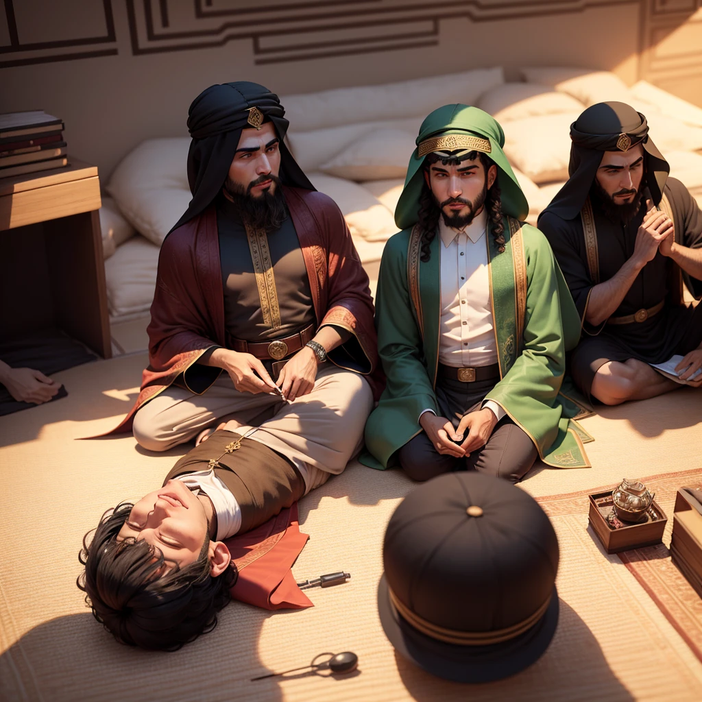 give me an overview of the situation of Sheikh Abdul Qadir Al-Jaelani studying with his 2 male friends, 3D animated Arabic background
draw imam ali
