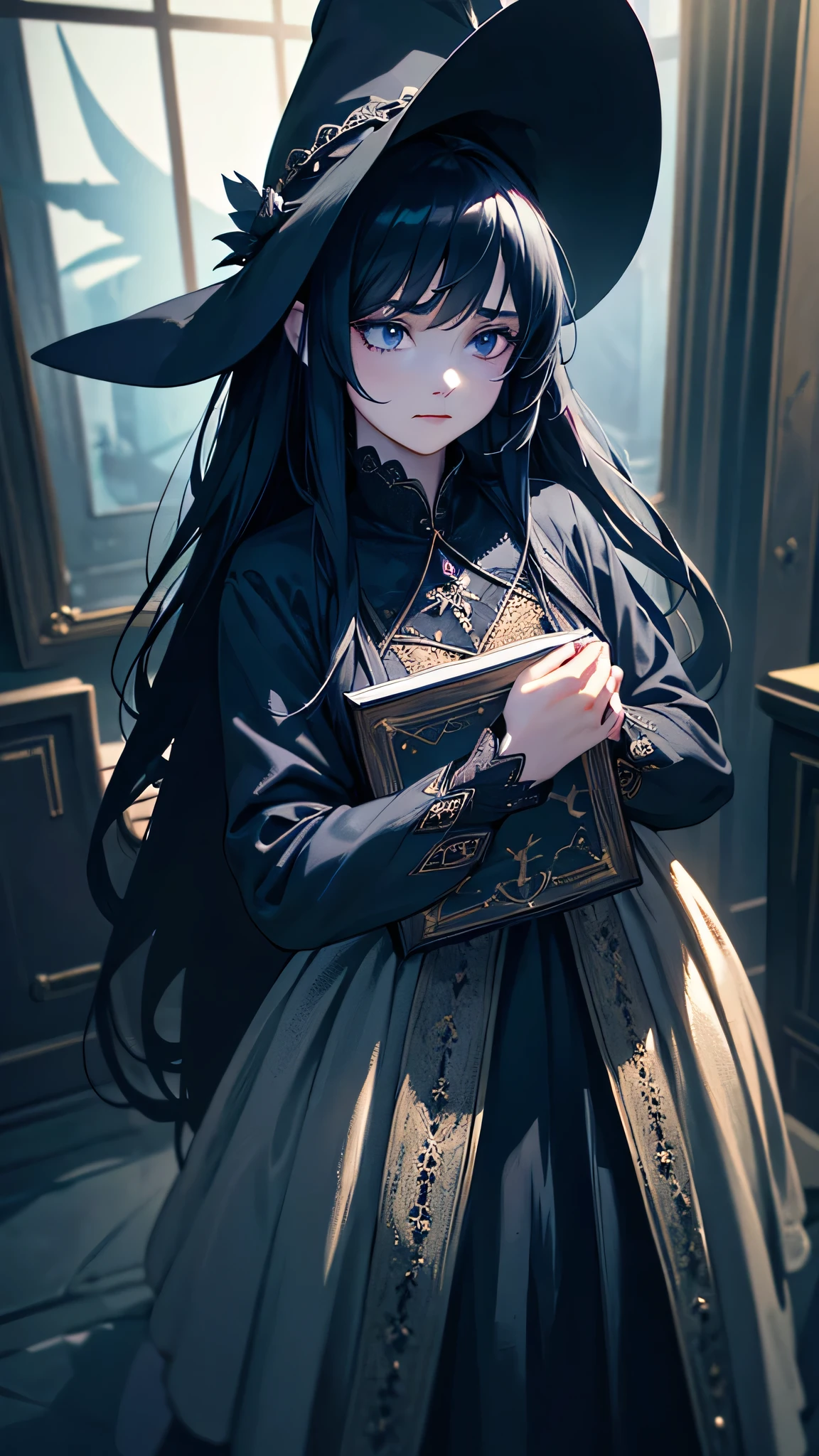 A mystical girl with long black hair, deep black eyes, wearing a navy blue witch's hat and dress, holding a book with a black magic circle, in a dimly lit European-style interior, with blue candle flames, (best quality,4k,8k,highres,masterpiece:1.2),ultra-detailed,(realistic,photorealistic,photo-realistic:1.37),dramatic lighting,intricate details,dark academia,fantasy,occult,moody,cinematic