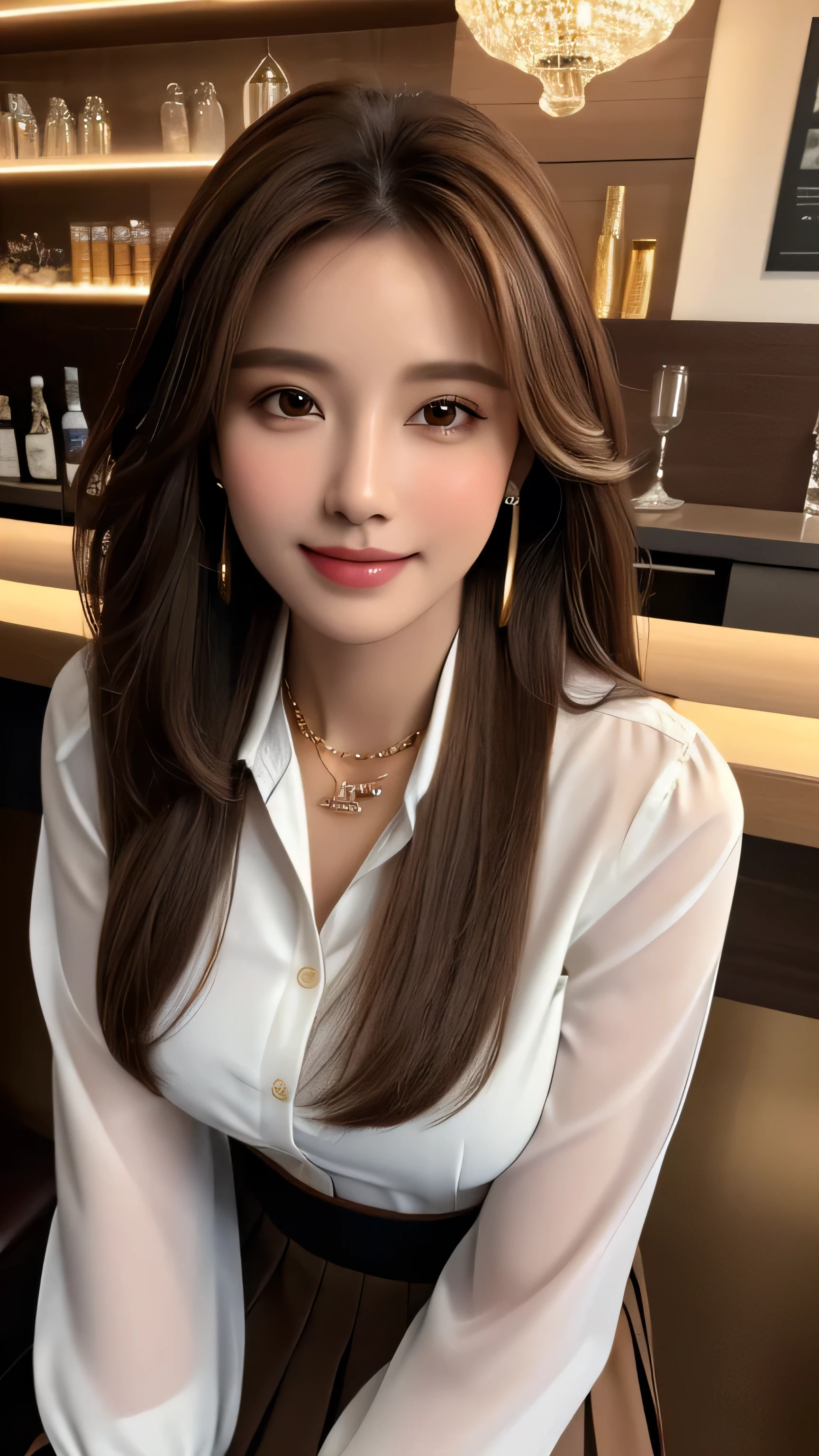 masterpiece, highest quality, Realistic, Super detailed, In detail, High resolution, 8k wallpaper, 1. Beautiful Women, Light brown hair, Sharp focus, Perfect dynamic composition, Beautiful fine details, Fine hair, Detailed and realistic skin texture, smile, Portraiture, Model Body Type,white long sleeve button up blouse_brown pleated mini skirt＿brown tie、full body portrait、From an oblique angle above、Long straight hair_Hair reaching down to the waist、Place your left hand gently on your chin、Sits on a bar chair by the counter in a seductive pose in a stylish bar at night,gold necklace＿Large earrings