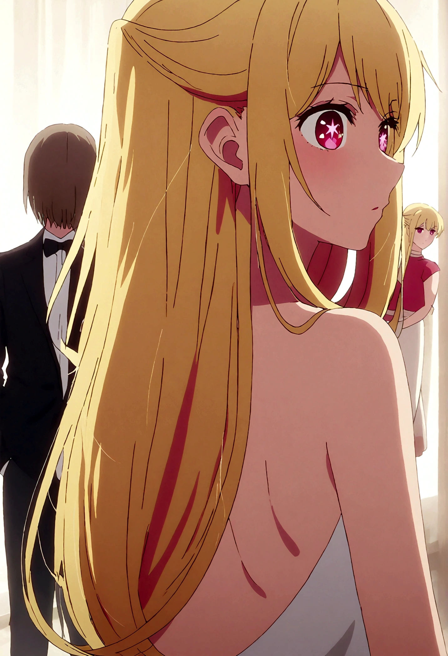NSFW,masterpiece,highest quality,High resolution,Nisekoi,Chibara Kirizaki,long hair,blonde,blue eyes,red ribbon,dress,sleeveless,Navel exposed,garter belt,lace bra,lace panties