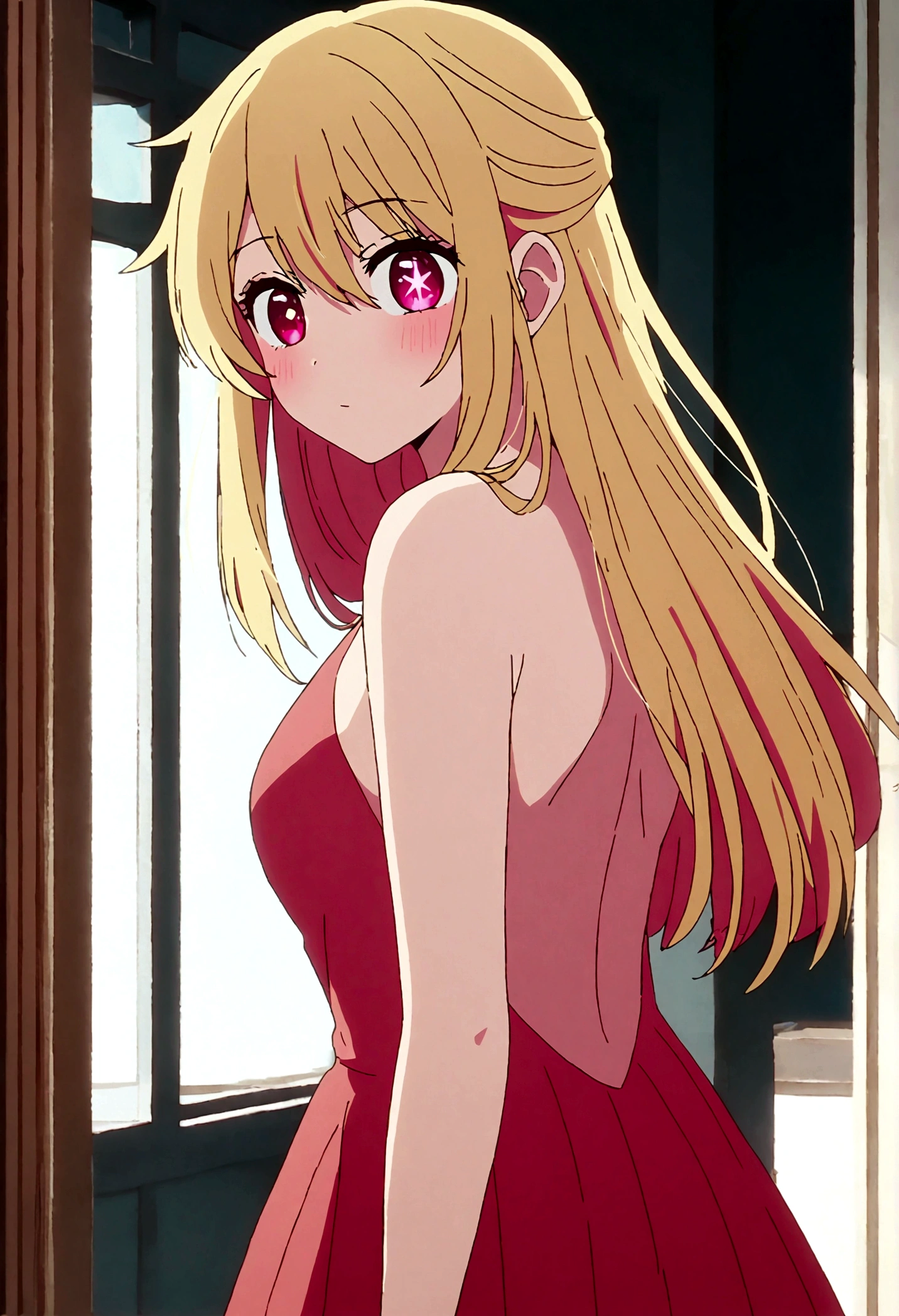 hoshinoruby, star-shaped pupils, ruby_hoshino, blonde hair, bangs, 1girl, pink eyes, long hair, backless, cowboy shot,