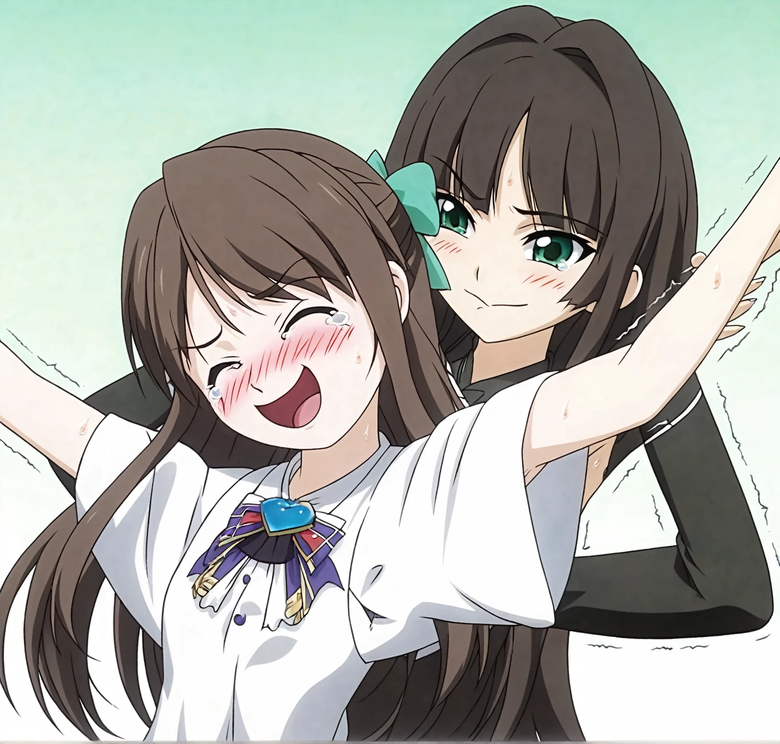 two extremely delicate and beautiful girls,Girl in white shirt raising her arms,The other girl put her hand into the sleeve of the girl in the white shirt with a sly smile,(laughing:1.4),(big mouth:1.1),open mouth,happy,(frown:1.3),crazy smile,(pain face:1.2),blush,tears,sweat,(tickling armpits),((trembling)),(((masterpiece))), (((best quality))), (official art), ((extremely detailed CG unity 8k wallpaper)), (Best character details), ((ultra-detailed)), (illustration), (dynamic angle),