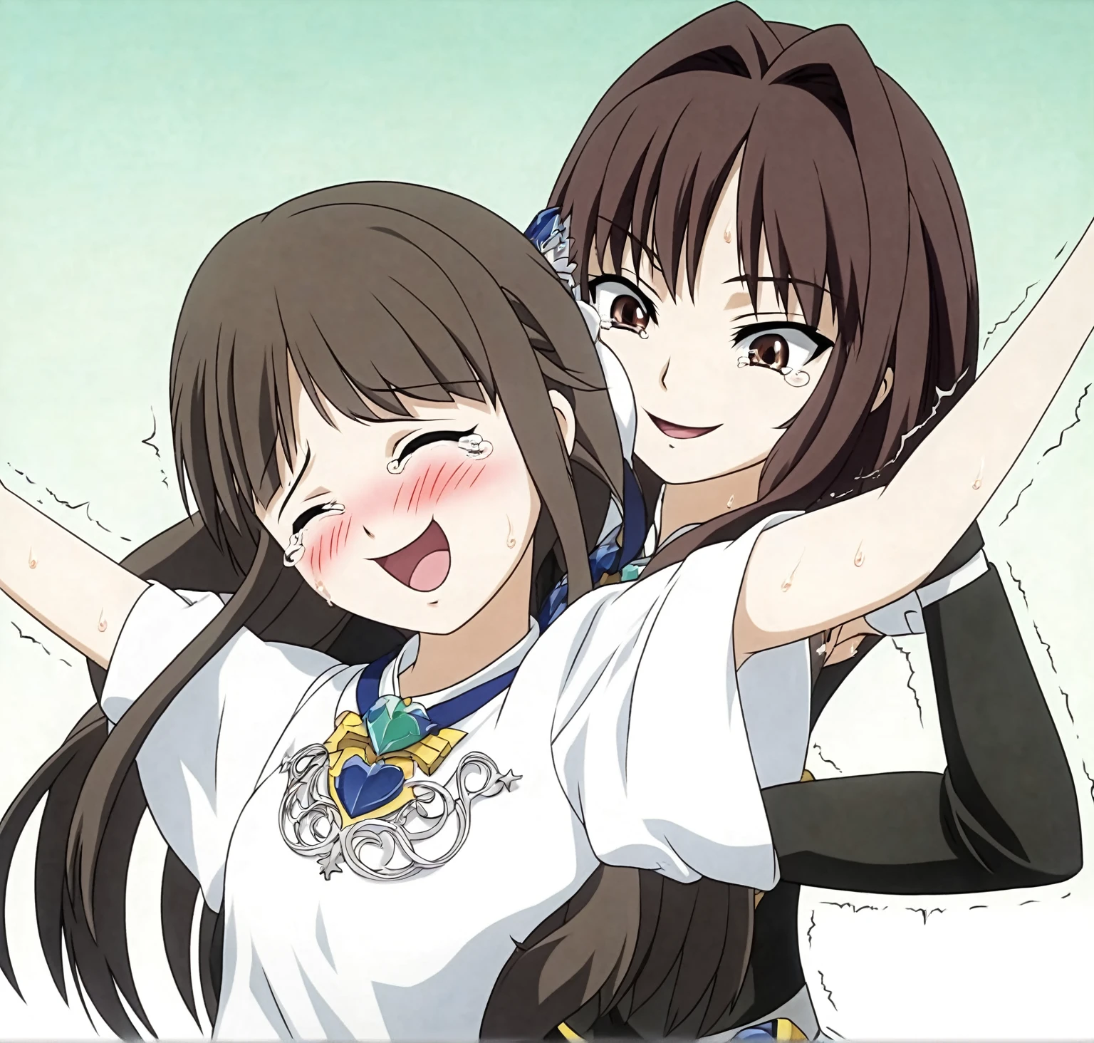 two extremely delicate and beautiful girls,Girl in white shirt raising her arms,The other girl put her hand into the sleeve of the girl in the white shirt with a sly smile,(laughing:1.4),(big mouth:1.1),open mouth,happy,(frown:1.3),crazy smile,(pain face:1.2),blush,tears,sweat,(tickling armpits),((trembling)),(((masterpiece))), (((best quality))), (official art), ((extremely detailed CG unity 8k wallpaper)), (Best character details), ((ultra-detailed)), (illustration), (dynamic angle),