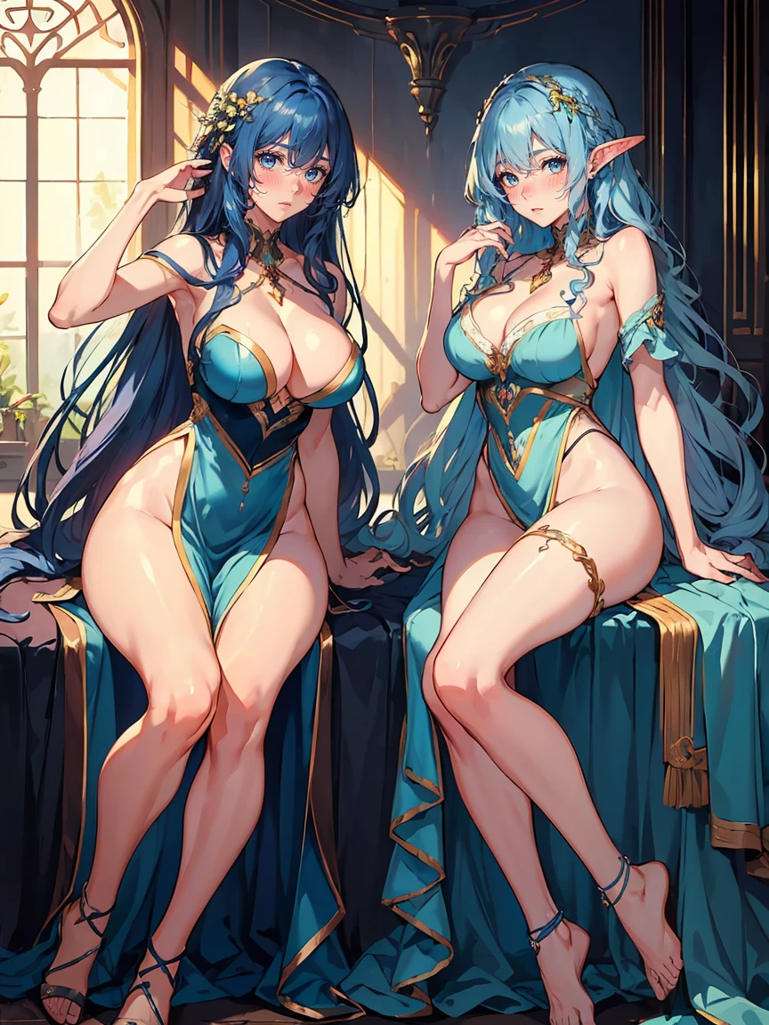 handsome mature woman,Long wavy BLUE hair,Hyperresolution,accuracy,Detailed rendering,(Subtle facial image)(Image of fine hair)(topquality)(Masterpieces of masters)(High degree of completeness)(A sense of atmosphere)tmasterpiece,Super detailed and super detailed(half-body portrait)((Masterpiece, Highest quality)), Detailed face, CharacterDesignSheet, full bodyesbian, Full of details, Multiple poses and expressions, Highly detailed, Depth, Many parts,Beautiful,Extremely beautiful,High Balance, Natural light, drawn art style, elven ears, naked, large breasts, bigger breasts, medium blue hair, curly hair down to ankles, ankle length hair, (((Ankle length hair))) (((thick hair))) (((Blushing))) (((Twins))) (((Twin sister))) (((Siblings))) (((Identical twin sister))) (((Identical))) (((Two legs))) (((Same hair colour)))