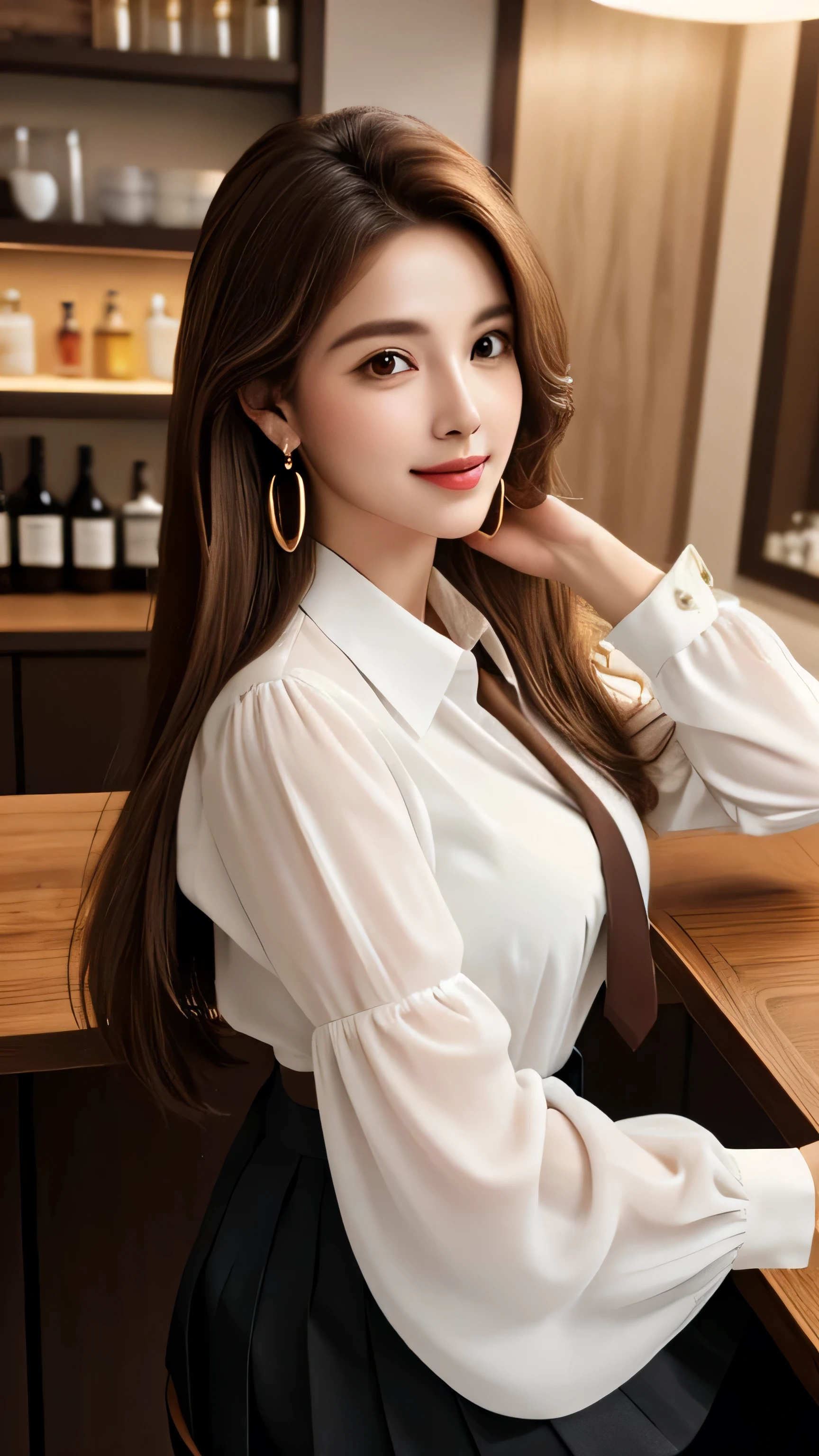 masterpiece, highest quality, Realistic, Super detailed, In detail, High resolution, 8k wallpaper, 1. Beautiful Women, Light brown hair, Sharp focus, Perfect dynamic composition, Beautiful fine details, Fine hair, Detailed and realistic skin texture, smile, Portraiture, Model Body Type,white long sleeve button up blouse_brown pleated mini skirt＿brown tie、full body portrait、From an oblique angle above、Long straight hair_Hair reaching down to the waist、Place your left hand gently on your chin＿see-through sleeves、Sits on a bar chair by the counter in a seductive pose in a stylish bar at night,gold necklace＿Large earrings