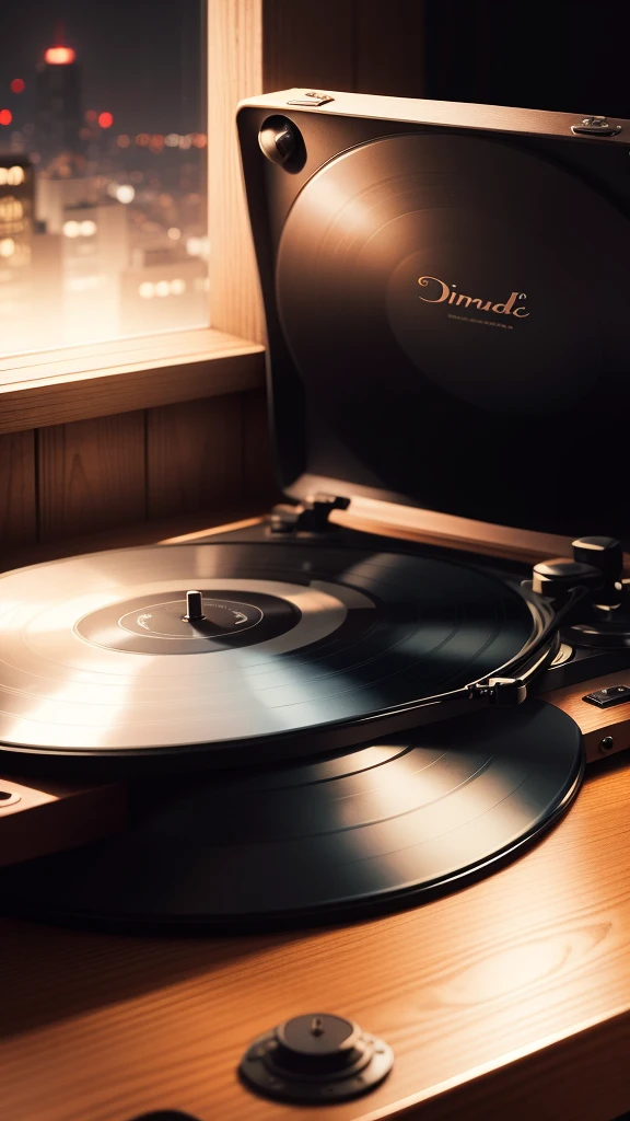 Music is playing, Vinyl record player, night, The feeling of atmosphere, Dim Lights