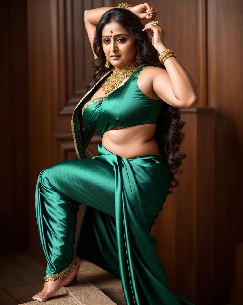 50yo mature MILF Anushka Shetty,((best quality)), ((masterpiece)), ((realistic)), Medusa, full body, the hair composed of countless small snakes, green eyes, female face,metal carved top, royal aura, trend on artstation , sharp focus, studio photo, intricate detail, very detailed, detailed eye, illustration, very detailed, sharp focus, digital render, professional, 4k, low waist saree satin sleeveless saree fashion,, she hates wearing any bra or blouse, thick figure, bulky figure, thick belly, detailed armpits,