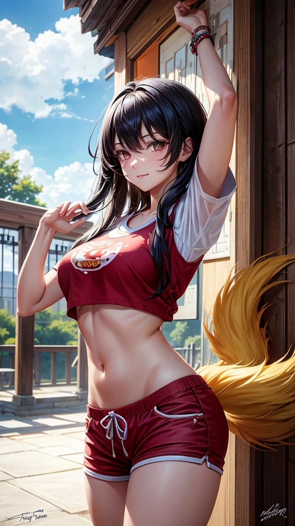 realistic, top quality, saliva, milky liquid all over the body, gleaming skin, ((1girl)), ((((black fox ears)))), fox girl, ((long black hair)), ((violet eyes)), ((smug)), (business shirt), skirt, ((black stockings)), navel, ribs, cleavage, shiny smooth perfect skin, (((large breasts))), skinny, evil smile, ((from below))