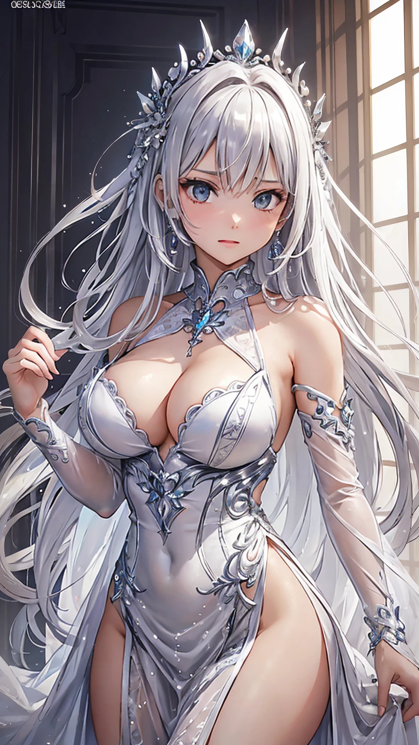 (highest quality:1.2, Very detailed, Latest, Vibrant, Ultra-high resolution, High Contrast, masterpiece:1.2, highest quality, Best aesthetics), beautiful girl、Perfect body、Beautiful and bountiful breasts、Long silver hair、bangs、((embellished sexy dress))、((I'Is tempting you)),((logic))、blush、Pussy juice