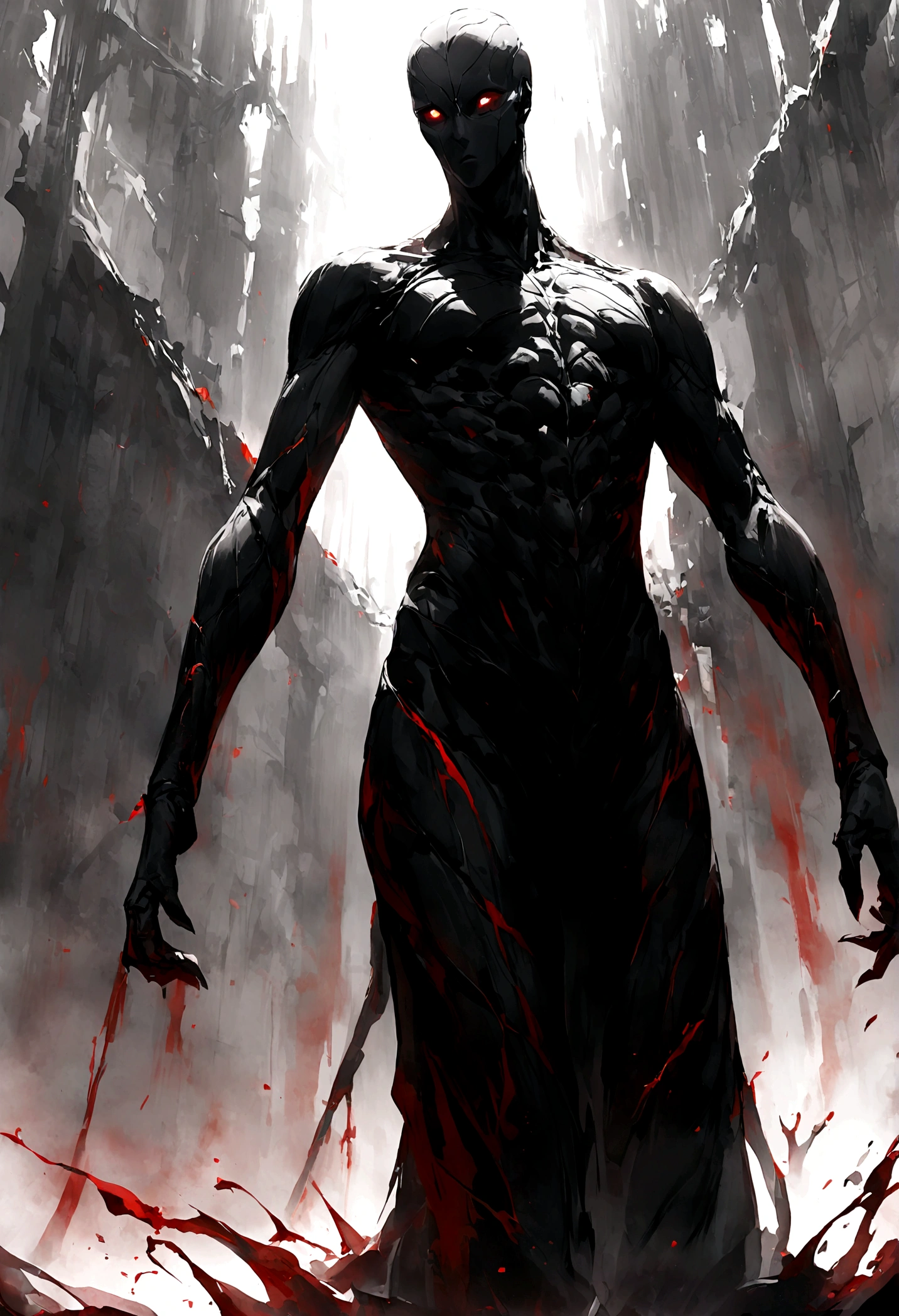 Black and white style，((Red blood))，despair， man，Slender figure，1boy