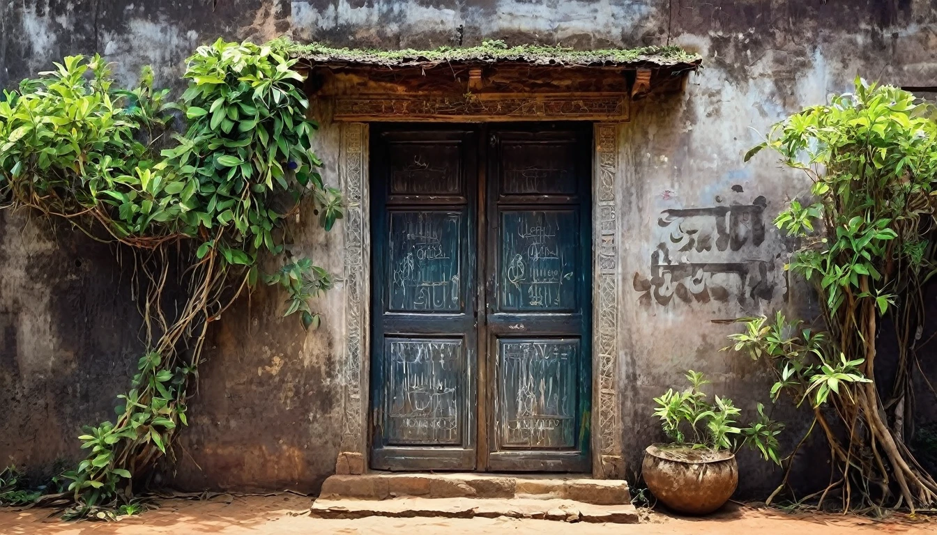 Create a digital artwork of an old, traditional Indian house with scratch marks on the door and 'Nale Ba' written prominently. The house should have rustic architectural elements, such as clay or brick walls, wooden beams, and a tiled roof. The door should appear aged and worn, with visible scratch marks and the 'Nale Ba' message standing out clearly. Surrounding details like faded paint, creeping vines, and a dimly lit exterior should enhance the eerie and mysterious atmosphere