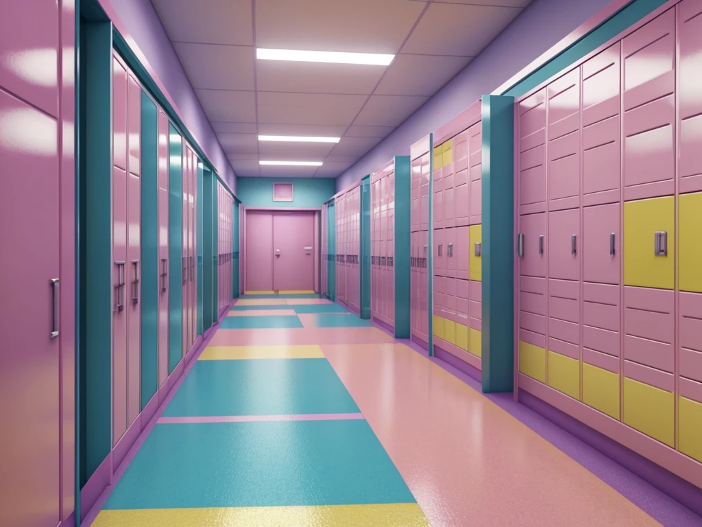 pastel colors: neon pink, electric green, purple, cerulean blue, black, white, yellow. a hallway in a school with lockers and stairs, typical anime classroom, 3 d anime realistic, anime cgi style, screenshot from a 2012s anime, anime movie background, inside elementary school, infinite hallway, highschool background, smooth anime cg art, realistic anime 3 d style, anime cgi, photorealistic anime, kyoto animation still, anime background art, very detailed backgrounds, hyperrealism, hyper detailed, realistic, HD resolution, 4k, ultrarealistic quality