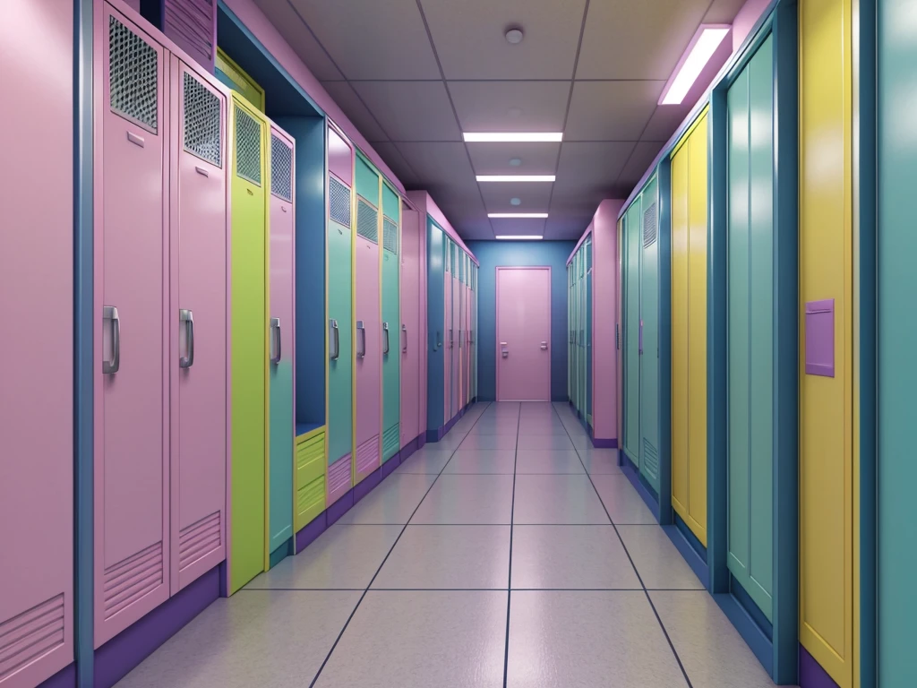 pastel colors: neon pink, electric green, purple, cerulean blue, black, white, yellow. a hallway in a school with lockers and stairs, typical anime classroom, 3 d anime realistic, anime cgi style, screenshot from a 2012s anime, anime movie background, inside elementary school, infinite hallway, highschool background, smooth anime cg art, realistic anime 3 d style, anime cgi, photorealistic anime, kyoto animation still, anime background art, very detailed backgrounds, hyperrealism, hyper detailed, realistic, HD resolution, 4k, ultrarealistic quality
