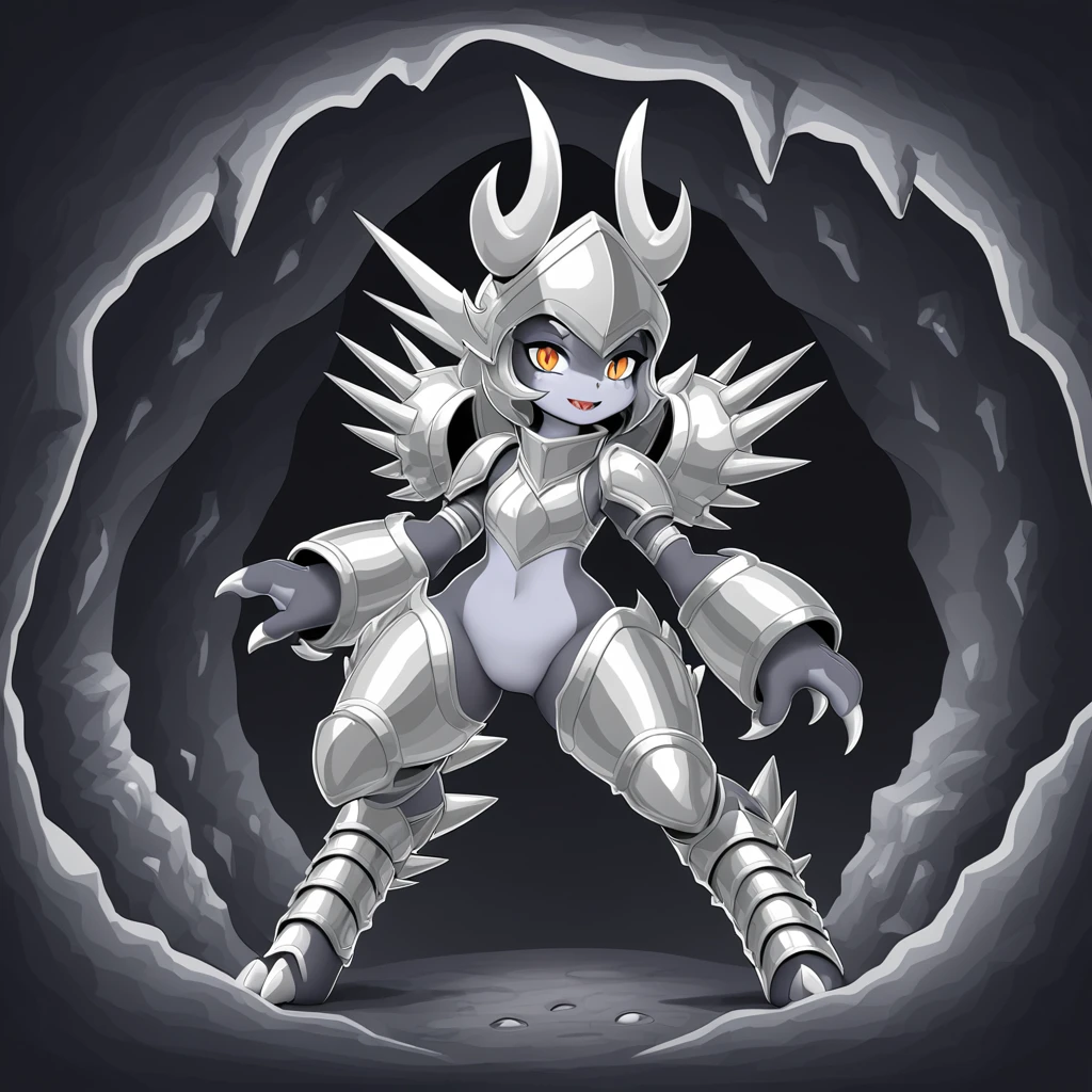 a dinosaur monster girl who's bulky and has grey scales and covered in silver-white plated armor with a full silver-white plated helm that arches into a spike and has two horns emerging from holes in the helm in a cave
