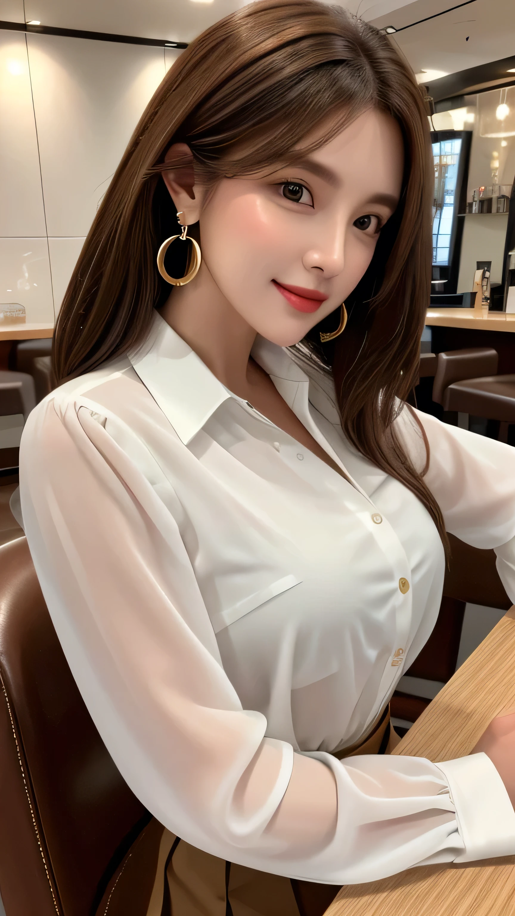 masterpiece, highest quality, Realistic, Super detailed, In detail, High resolution, 8k wallpaper, 1. Beautiful Women, Light brown hair, Sharp focus, Perfect dynamic composition, Beautiful fine details, Fine hair, Detailed and realistic skin texture, smile, Portraiture, Model Body Type,white long sleeve button up blouse_brown pleated mini skirt_brown tie、full body portrait、From an oblique angle above、Long straight hair_Hair reaching down to the waist、Place your left hand gently on your chin_see-through sleeves、Sits on a bar chair by the counter in a seductive pose in a stylish bar at night,gold necklace_Large earrings