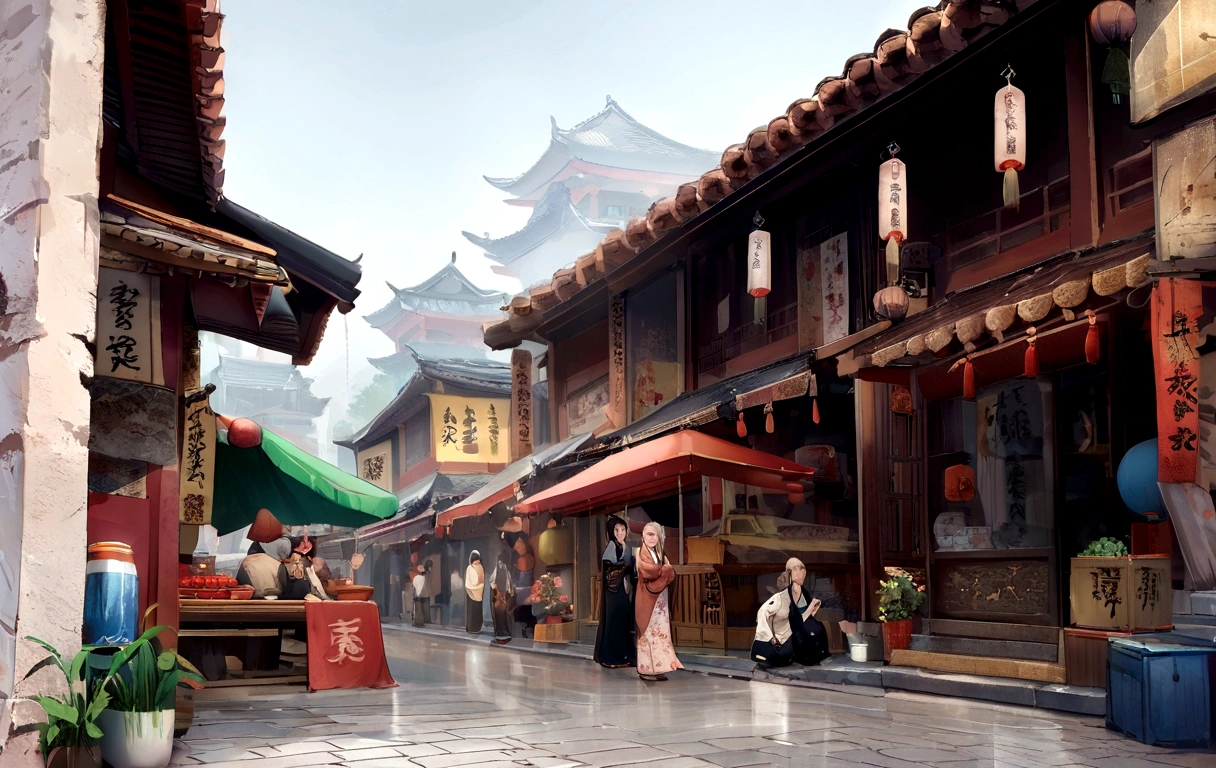 Allafur Street,There are various shops and umbrellas on the roadside, wet market street, Guangjian, Market environment, old town, Chinese Cultural Heritage, Chinese Architecture, Neat and dense buildings, qiangshu, Taoist temple and monks, Wide-angle lens, Wide-angle lens, Chinese Village, Dreamy Chinatown, Tang Dynasty Palace, market stall
