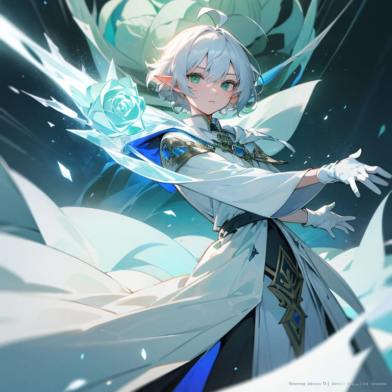 Elf, silver hair,short hair, medium cut, ahoge, curly hair,green eyes,slender, fair skin, robe, cloak,White gloves, blue effect, ice effect, triumphantly,Ice Rose ,magic,green rose,Noble son