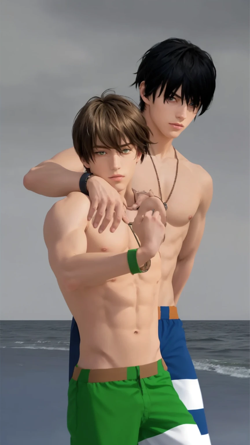 Create a realistic anime-style image featuring two young men at the beach. Both should have well-defined, six-pack abs. The character in the front has short, tousled brown hair and green eyes, while the character behind him has black hair and blue eyes. They are standing close together, with the taller one behind the shorter one, and the shorter one making a gesture with his hand. Both are wearing swim trunks, with the front character in green and the back character in blue and white striped trunks. The overall atmosphere should be casual and friendly.