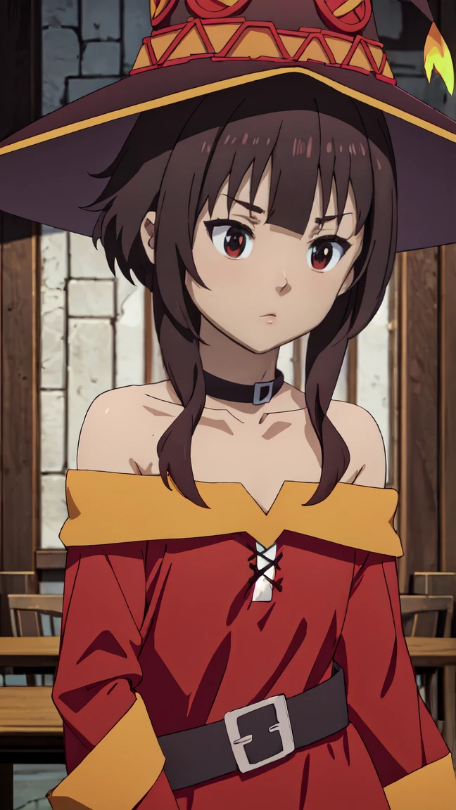 Artgerm, table, Best quality, extremely detailed, table, Best quality, Megumin, 1 girl in, bare shoulders, Black e.g, black gloves, black hair, e.g, necklace, clavicle, dress, hair between eyes, It has, Long sleeves, I look at the viewer, Medium hair, off shoulder dress, off the shoulders, Red dress, Red eyes, side locks, One, witch hat, in room