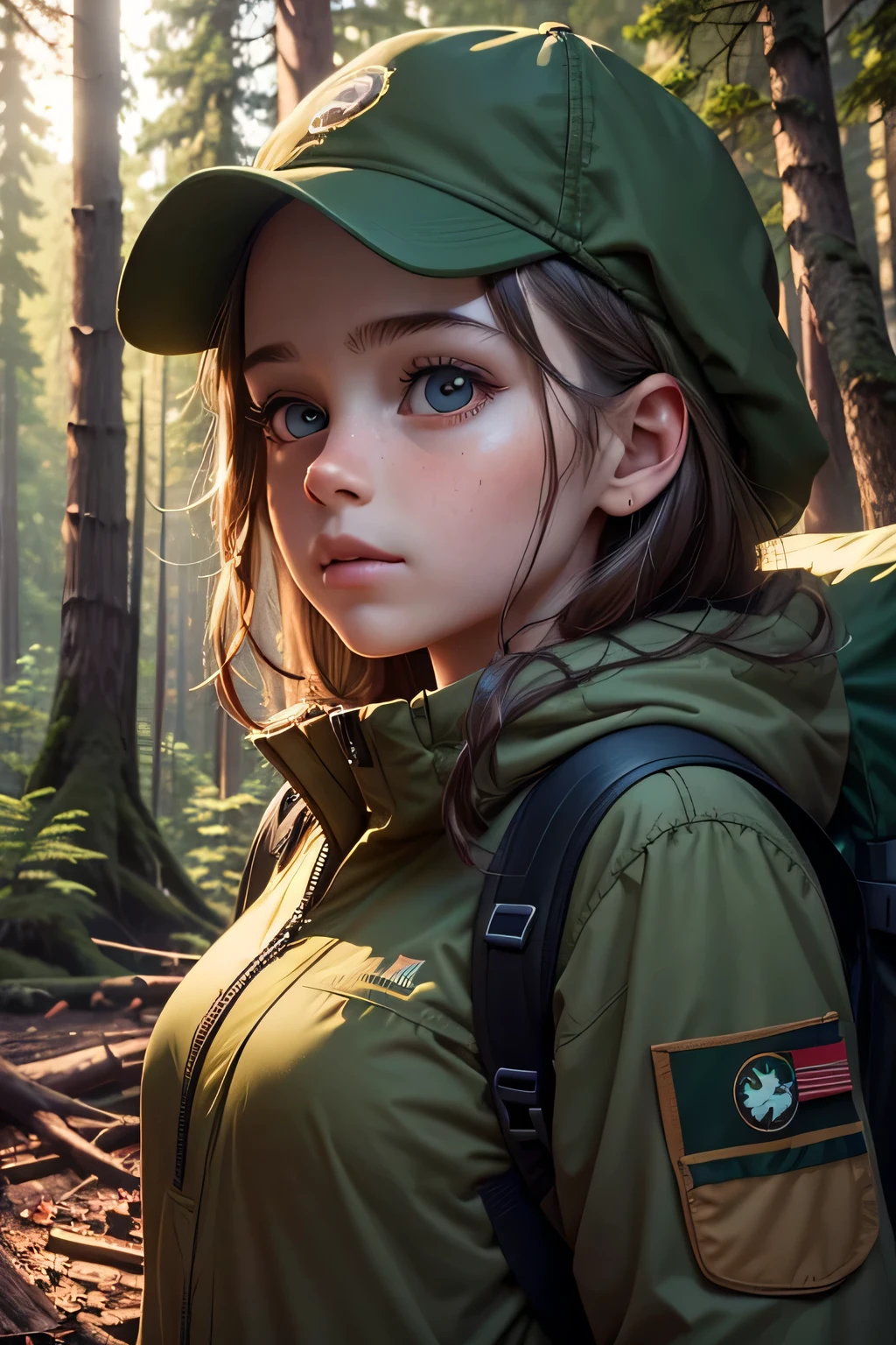 a girl scout in a forest, forest scenery, trees, campfire, tent, backpack, binoculars, detailed face, beautiful eyes, cute expression, natural lighting, vibrant colors, intricate details, cinematic composition, photorealistic, 8k, high resolution, masterpiece, professional digital art