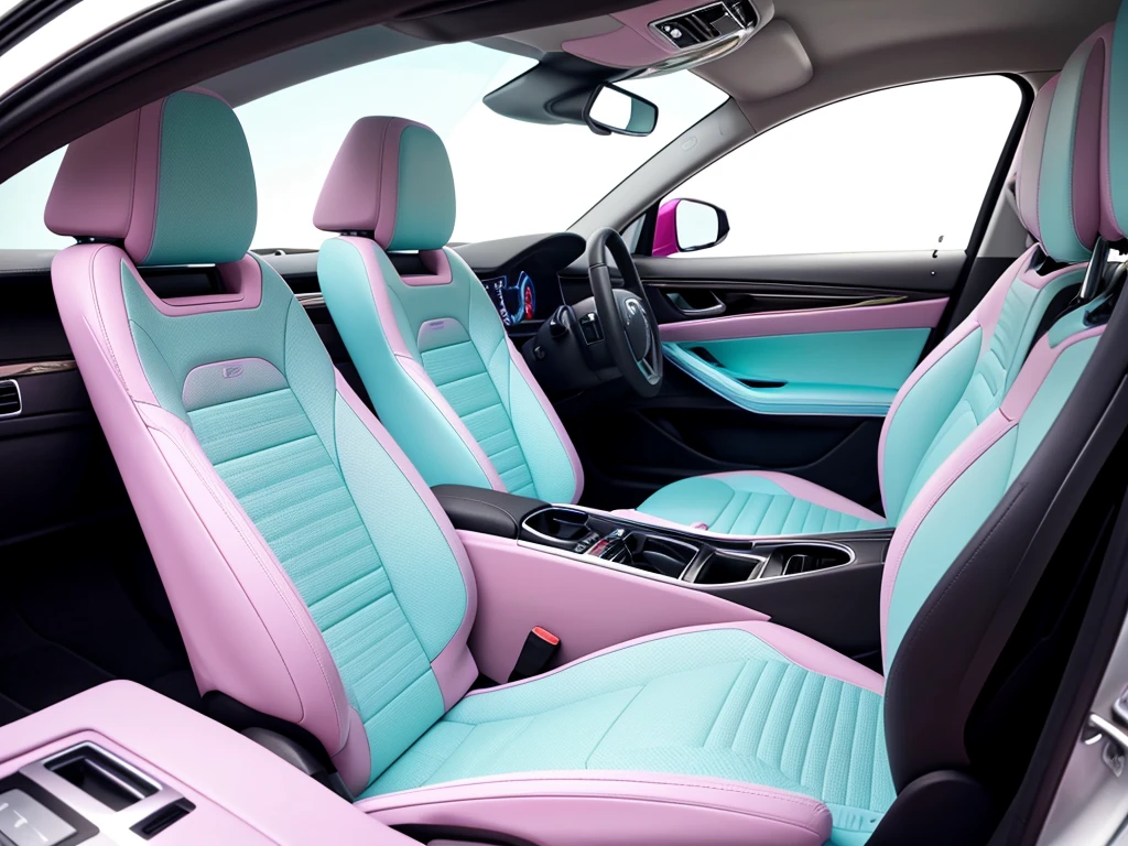 pastel colors: neon pink, electric green, purple, cerulean blue, black, white, yellow. a view of the back seats of a car, highly detailed interior, finely detailed car, finely detailed feature, award-winning details”, award - winning details ”, leather interior, finely detailed features, spacious, highly detailed features, detailed detailed detailed, award - winning details, panoramic widescreen view, highly detailed car, wide angle exterior 2022, award winning details. very detailed backgrounds, hyperrealism, hyper detailed, realistic, HD resolution, 4k, ultrarealistic quality