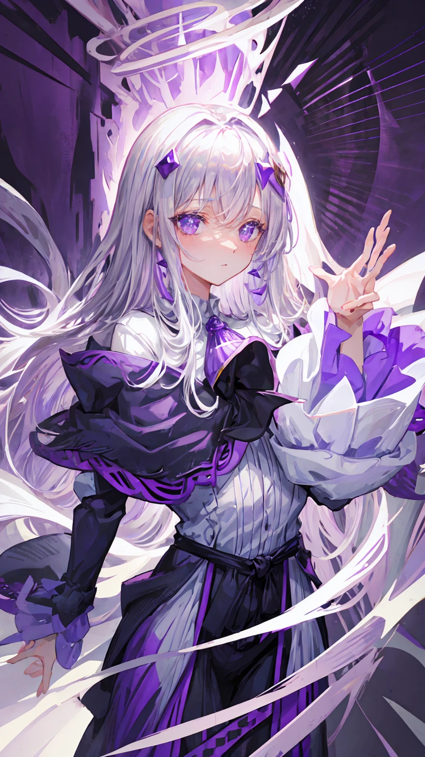 dnd woman character , purple skin color, big purple eyes, long wavy silver hair, graceful, mystical , white and gold dress 