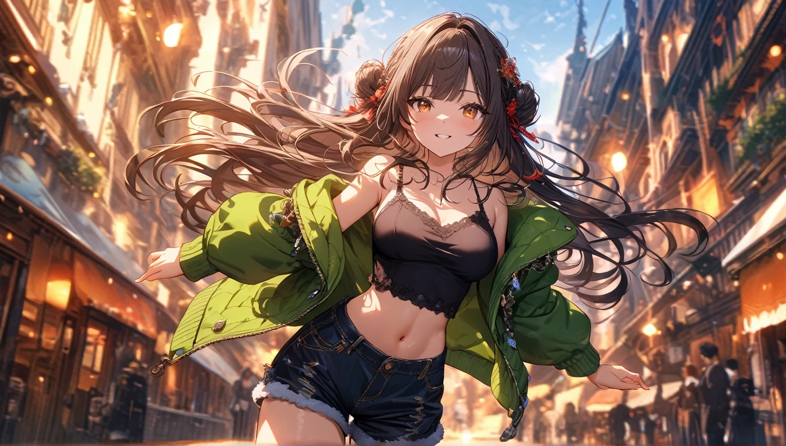 ((masterpiece:0), best quality, very aesthetic, newest, absurdres, detailed, high quality)
BREAK
highest quality, top quality, details, highres, ultra fine painting, digital art, official art, cinematic, 4k, 8k resolution, 8K CG wallpaper, CG, original artwork, detailed background, High Dynamic Range, blurry background, golden hour, blue hour, Starburst effects, crepuscular rays, good ISO, high resolution, wide shot, from far away, epic lighting, RAW photo, POV, sharp focus, lens flare, light reflection, reflections, light source, intricate details, hard light, particle noise, professional photography, bokeh, depth of field, good lighting, hard colors, looking away, detailed lights and shadows, stylish, ultra-detailed, Pixiv, trending art, niji style, modern-days, master crafted, pose
BREAK
solo, 1girl, a girl, correct fingers, detailed eyes, (medium big breasts:1.2), big thighs, short torso, short body, flushtered smile, warm happy expression, casual, (cute, slim), childish face, nice hips, nice body, brown hair, (long flowing hair:1.1), big 2 buns hairstyle, long bangs, long hair, middle hair bangs, brown eyes, dynamic pose, full body
BREAK
(black string tank top, off shoulder open green hoodie, tummy skin:1.1, open unbuttoned shorts, outfit ornaments)
BREAK