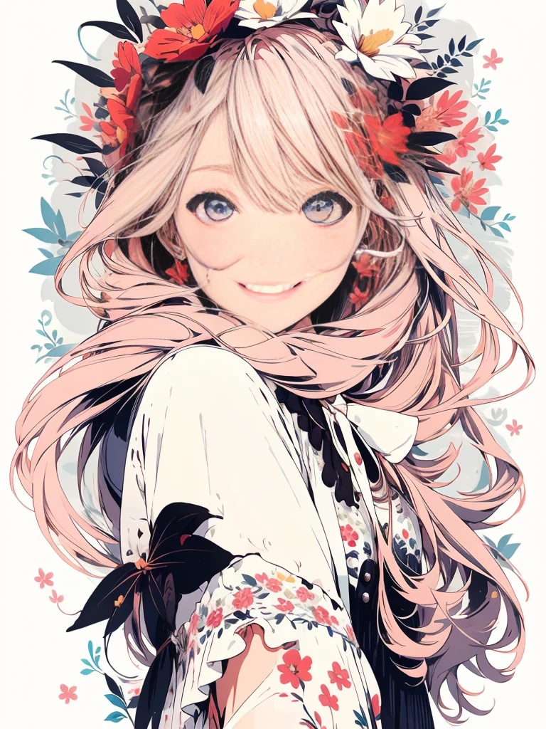 (Detailed and top quality illustrations:1.2), (pretty girl:1.0), (One Girl, alone:1.0), (Light pink hair:1.0), (smile:1.1), (Holding a bouquet:1.0), (Upper Body:1.0), (garden, Floral Background:1.0), (Super detailed, High resolution:1.0),
