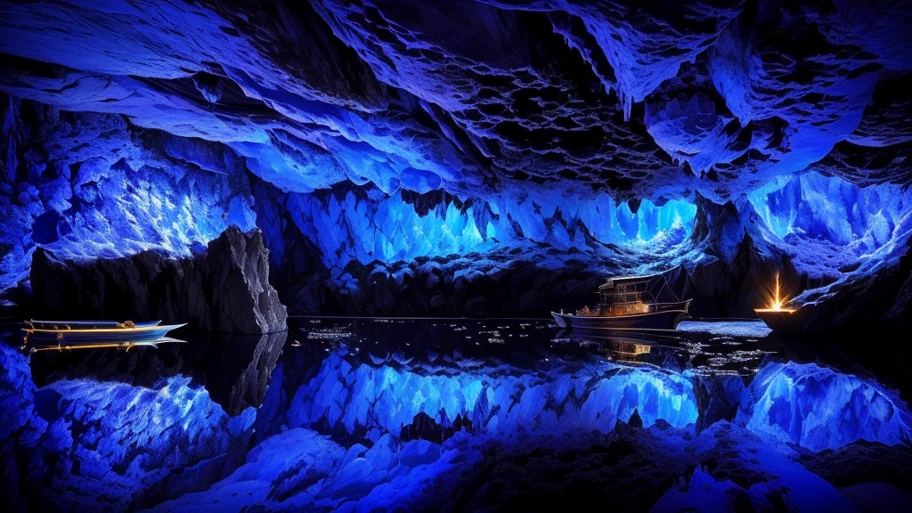 Close-up of a lake and boats near the cave, Glittering Crystal Grotto, In the ice cave, Magic Cave, In the beautiful crystal cave, Cave Background, Watery cave, Blue Reflection, 滴り落ちるStalactites, Underwater crystal cave, Growing Blue by Greg Rutkowski, Stalactites, stalagmites