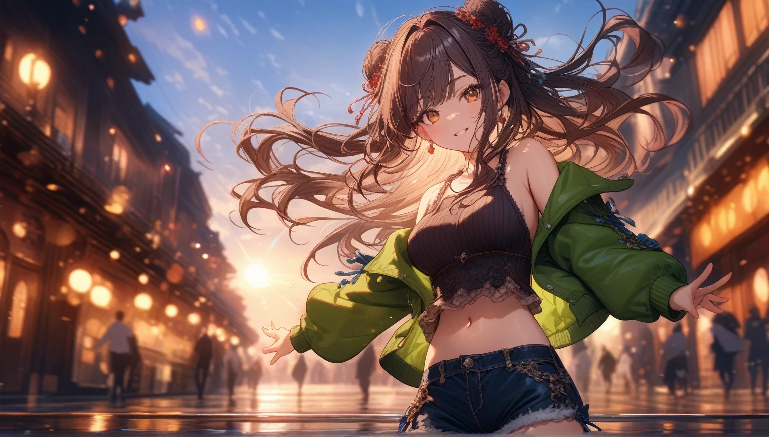 ((masterpiece:0), best quality, very aesthetic, newest, absurdres, detailed, high quality)
BREAK
highest quality, top quality, details, highres, ultra fine painting, digital art, official art, cinematic, 4k, 8k resolution, 8K CG wallpaper, CG, original artwork, detailed background, High Dynamic Range, blurry background, golden hour, blue hour, Starburst effects, crepuscular rays, good ISO, high resolution, wide shot, from far away, epic lighting, RAW photo, POV, sharp focus, lens flare, light reflection, reflections, light source, intricate details, hard light, particle noise, professional photography, bokeh, depth of field, good lighting, hard colors, looking away, detailed lights and shadows, stylish, ultra-detailed, Pixiv, trending art, niji style, modern-days, master crafted, pose
BREAK
solo, 1girl, a girl, correct fingers, detailed eyes, (medium big breasts:1.2), big thighs, short torso, short body, flushtered smile, warm happy expression, casual, (cute, slim), childish face, nice hips, nice body, brown hair, (long flowing hair:1.1), big 2 buns hairstyle, long bangs, long hair, middle hair bangs, brown eyes, dynamic pose, full body
BREAK
(black string tank top, off shoulder open green hoodie, tummy skin:1.1, open unbuttoned shorts, outfit ornaments)
BREAK
Background