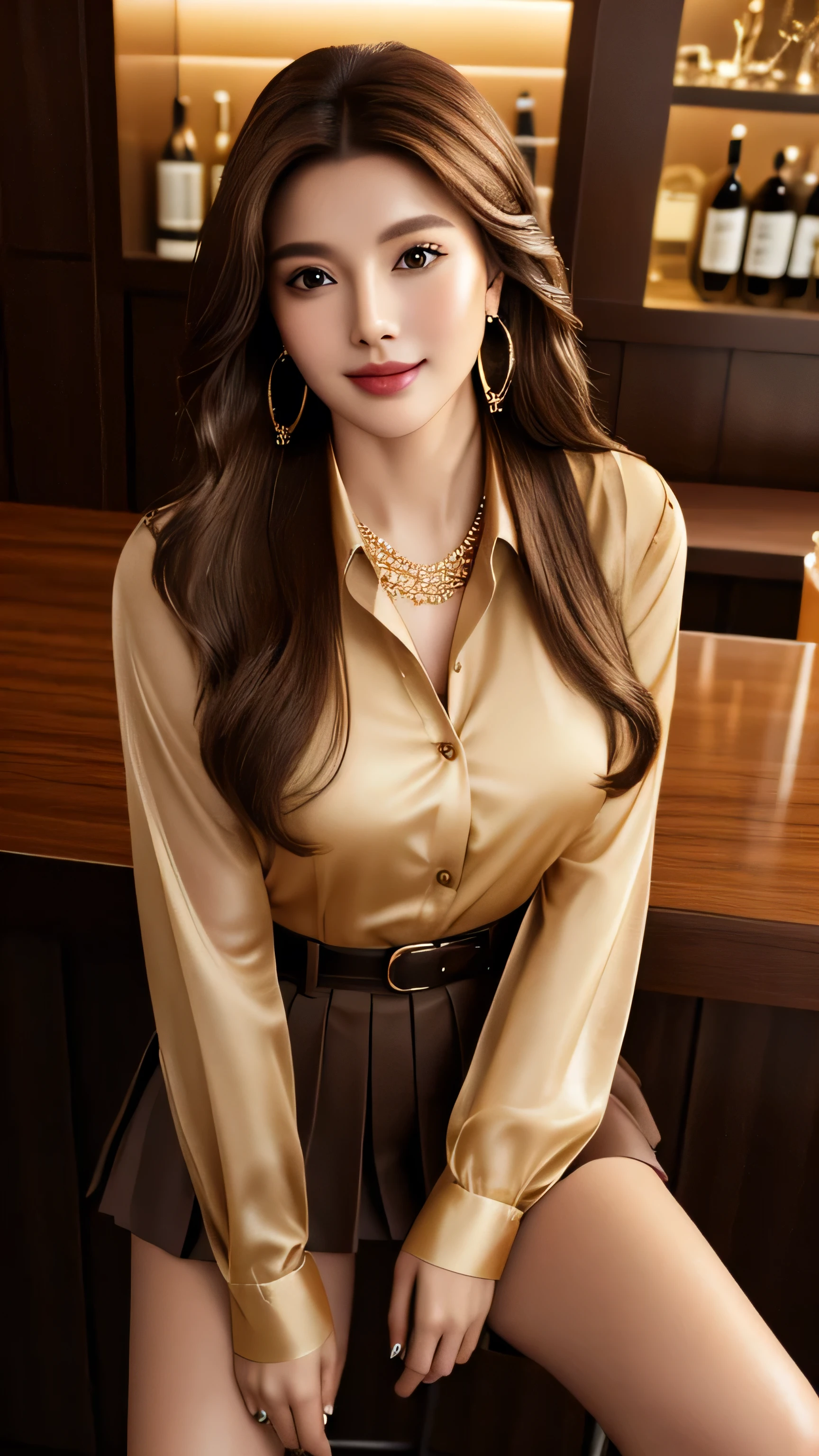 masterpiece, highest quality, Realistic, Super detailed, In detail, High resolution, 8k wallpaper, 1. Beautiful Women, Light brown hair, Sharp focus, Perfect dynamic composition, Beautiful fine details, Fine hair, Detailed and realistic skin texture, smile, Portraiture, Model Body Type,brown long sleeve button up blouse_brown pleated mini skirt_brown tie、full body portrait、From an oblique angle above、Long straight hair_Hair reaching down to the waist、Place your left hand gently on your chin_see-through sleeves、Sits on a bar chair by the counter in a seductive pose in a stylish bar at night,gold necklace_Large earrings,full figure supermodel standing, entire body in frame、12cm high heels
