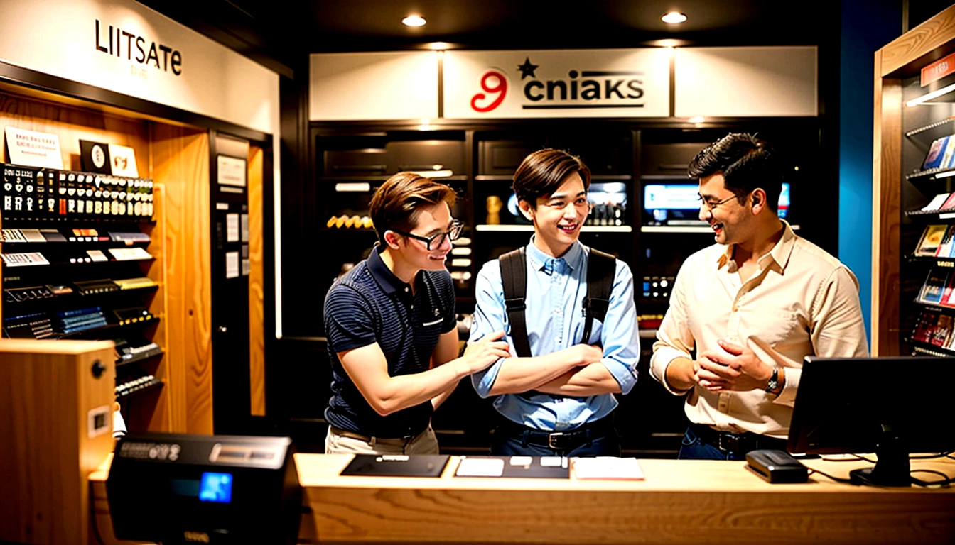 A male clerk and two male customers chatting in a camera shop,A store where cameras are displayed,A woman leaves the store.