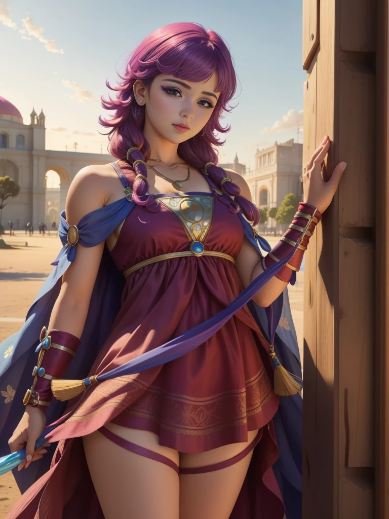 A woman with colorful hair and makeup posing for a photo in a fantasy world inspired by Lisa Frank. The sky is a vibrant pink and the clouds are an electric blue, while the ground is covered in pastel colored flowers and butterflies. El retrato es una mezcla de pop surrealism y arte pop, con detalles detallados y una mirada deslumbrante