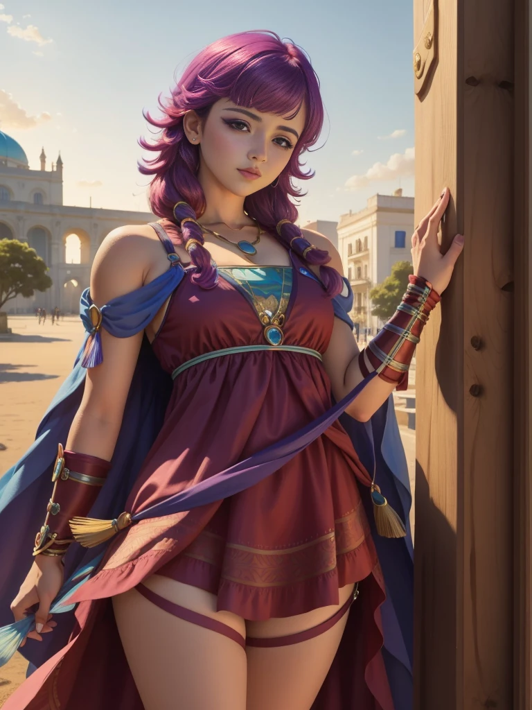 masterpiece, 4K, best quality, FELute, necklace, purple dress, blue cape, bracers, cowboy shot, looking at viewer, smirk, hand up <lora:lute-nvwls-v2-000012:0.9>