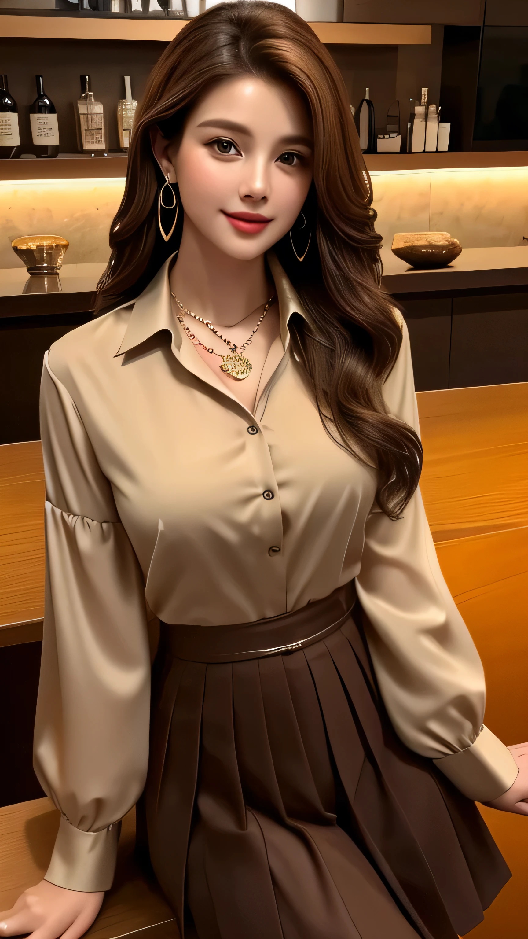 masterpiece, highest quality, Realistic, Super detailed, In detail, High resolution, 8k wallpaper, 1. Beautiful Women, Light brown hair, Sharp focus, Perfect dynamic composition, Beautiful fine details, Fine hair, Detailed and realistic skin texture, smile, Portraiture, Model Body Type,brown long sleeve button up blouse_brown pleated mini skirt_brown tie、full body portrait、From an oblique angle above、Long straight hair_Hair reaching down to the waist、Place your left hand gently on your chin_see-through sleeves、Sits on a bar chair by the counter in a seductive pose in a stylish bar at night,gold necklace_Large earrings,full figure supermodel standing, entire body in frame、12cm high heels