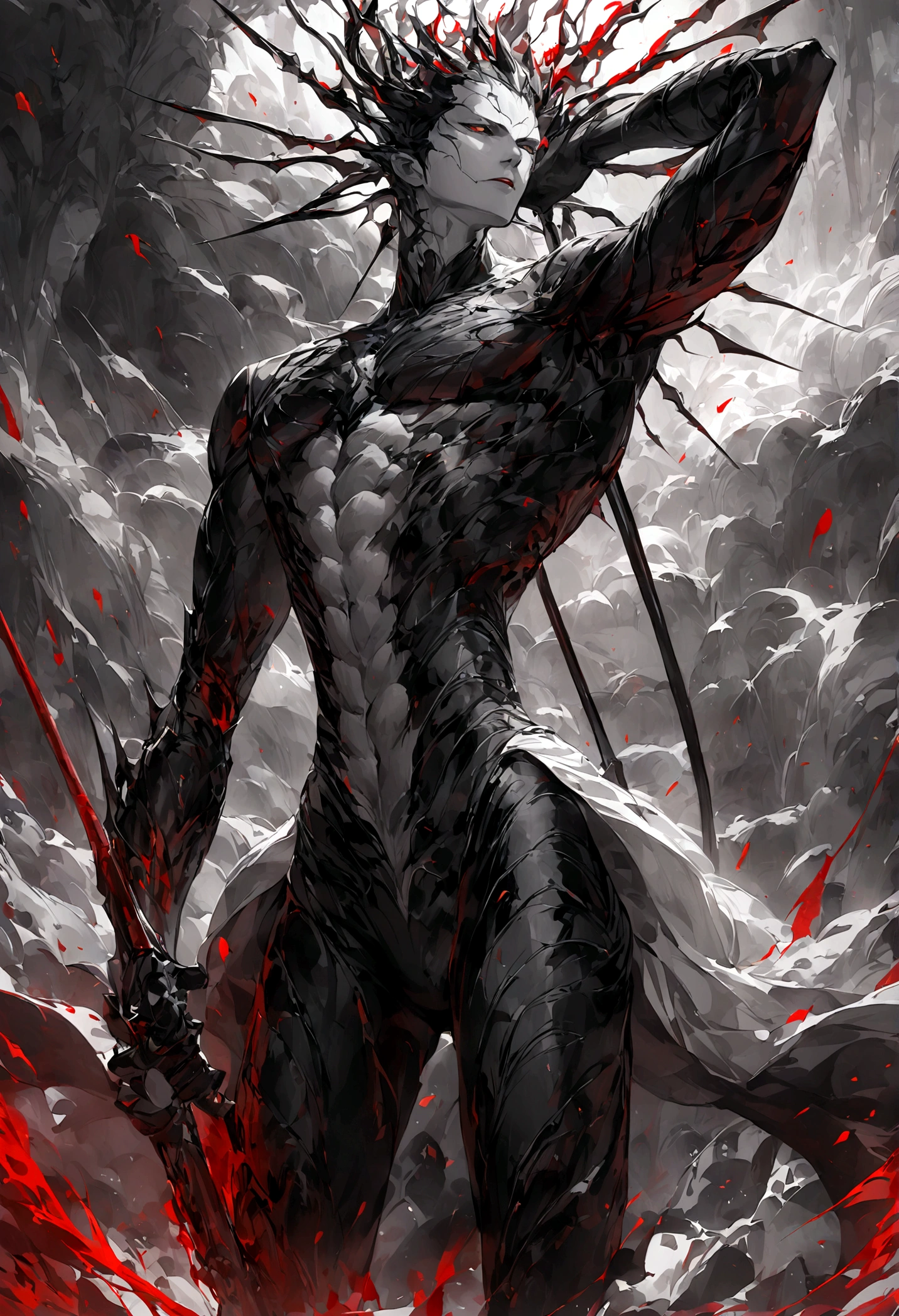 Black and white style，((Red blood))，despair， man，Slender figure，1boy，Cool moonlight