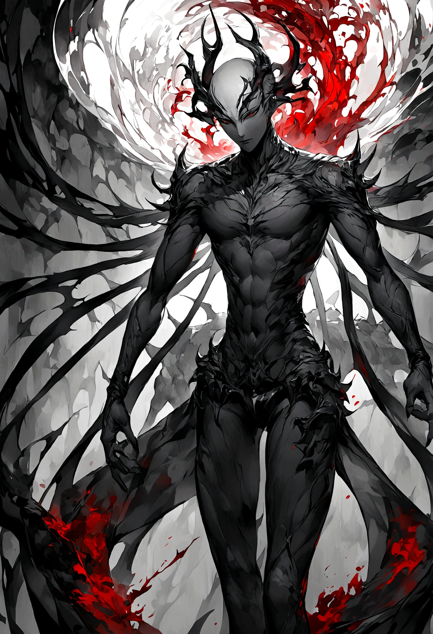 Male monster with black skin and red eyes with wings, body looks like it is completely made of blades and its black wings are gigantic