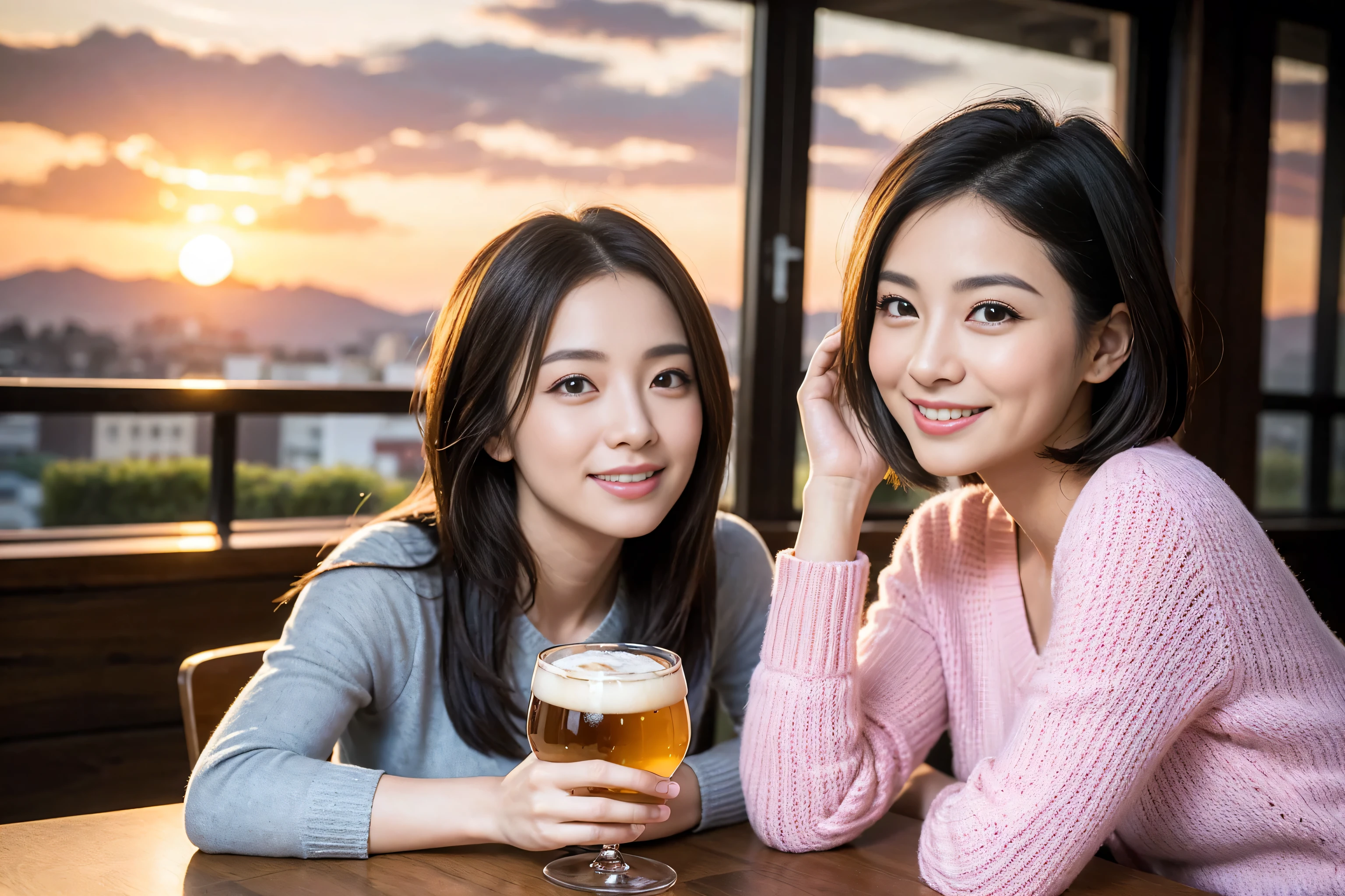 ((highest quality、8k、masterpiece:1.3))、 (Real, Genuine、Face carefully、Bright image、Intricate details:1.2), Best smile、1 male, 1 female、Beautiful couple、Lovers、Japanese couple、A gentle lover、actress、model、smile、full-course dinner、 (Slim face), (the body is slim), (Brown Hair), (short hair), Wine glasses on the table、Please put light on my face、 Amazing view of the sunset sky and clouds、 (42 years old), 39 years old, Pink long sweater: 1.1, Super Fine Face, Delicate eyes, double eyelid, Japanese sake,Junmai Ginjo,Sake Glass, Shochu、Beer 
