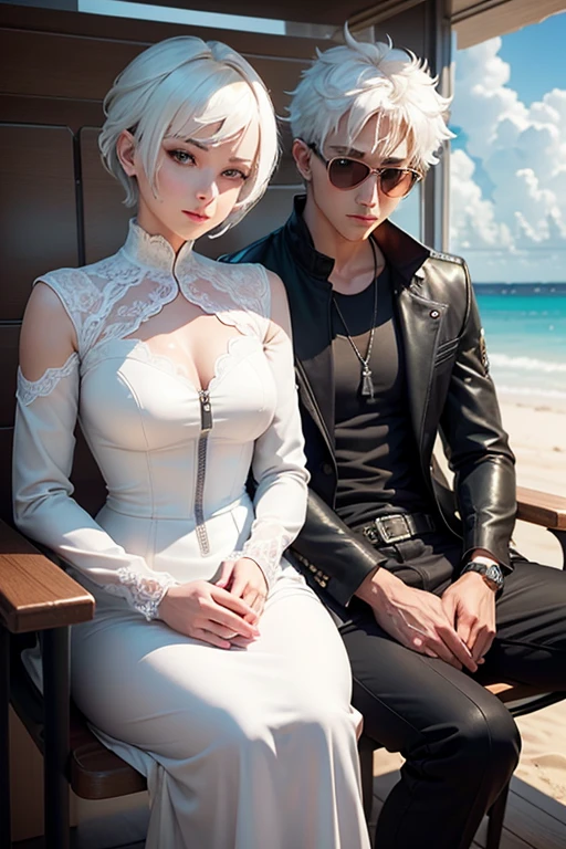 (masterpiece, best quality),Anime couple、Walking through a sci-fi city filled with feasts and debauchery. A Cute girl with waist-length white hair and golden eyes,detailed eyes,Leading a beautiful woman with medium length hair.,blue eyes,large breasts, The shadows of a white dragon and a phoenix behind ther. Close-up perspective. Concept art Makoto Shinkai,Makoto Shinkai, I love the concept art, Loss transformer. Landscape Background, 