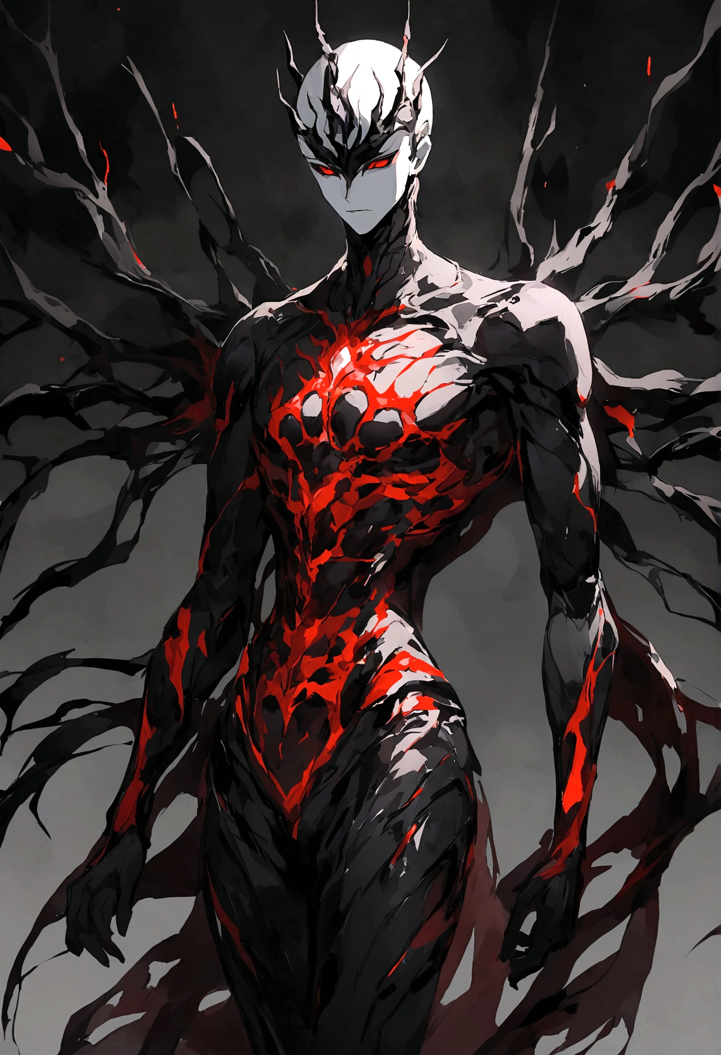 A dark, eerie scene featuring a character with white hair and red glowing eyes. The character is wearing a black outfit with a high collar, and a black mask covering the lower half of their face. The background is dimly lit, adding to the mysterious and ominous atmosphere. The character's red eyes stand out prominently against the darkness. The image is vertically oriented.One boy