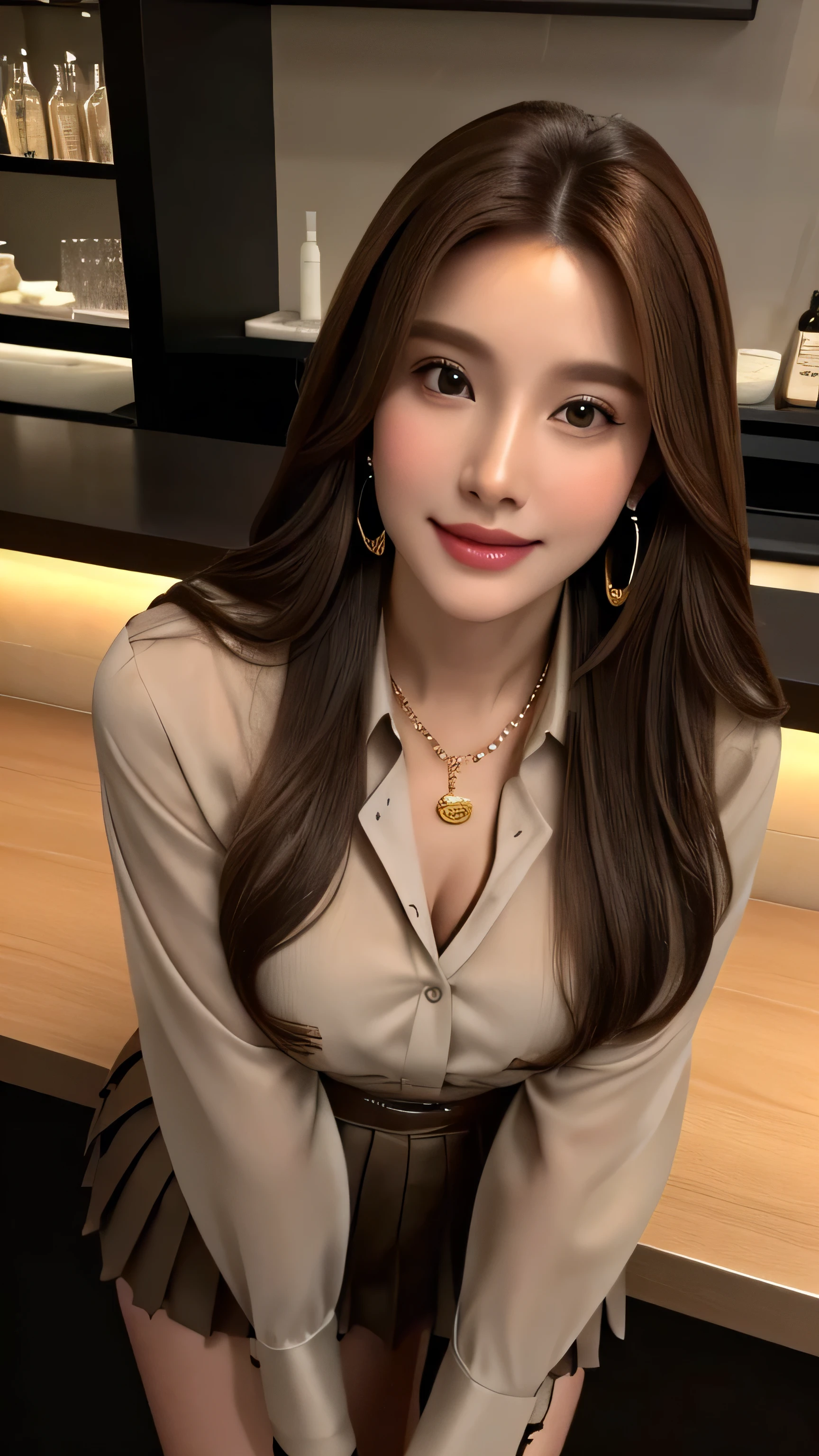 masterpiece, highest quality, Realistic, Super detailed, In detail, High resolution, 8k wallpaper, 1. Beautiful Women, Light brown hair, Sharp focus, Perfect dynamic composition, Beautiful fine details, Fine hair, Detailed and realistic skin texture, smile, Portraiture, Model Body Type,brown long sleeve button up blouse_brown pleated mini skirt＿brown tie、full body portrait、From an oblique angle above、Long straight hair_Hair reaching down to the waist、Place your left hand gently on your chin＿see-through sleeves、Sits on a bar chair by the counter in a seductive pose in a stylish bar at night,gold necklace＿Large earrings,full figure supermodel standing, entire body in frame、12cm high heels